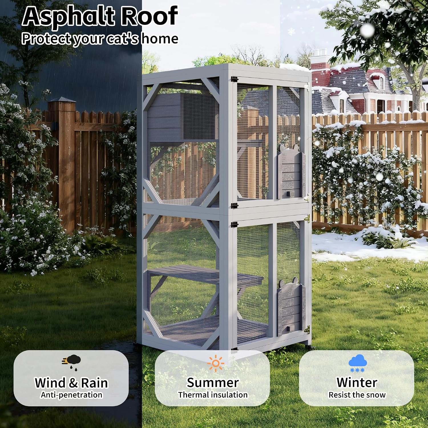 Wooden Outdoor Catio Cat Enclosure, Weather-Resistant Cat House with Scratching Post & Mesh Panels
