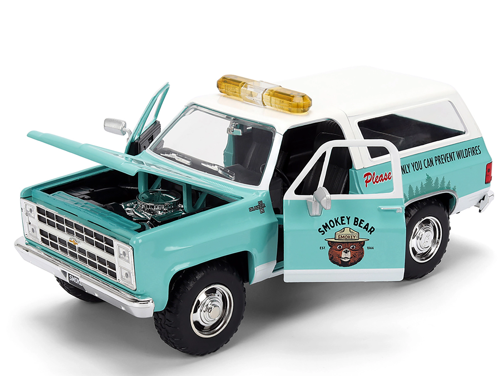 Jada 1980 Chevrolet Blazer Light Green with White Top and Graphics and Smokey Bear Diecast Figure "Smokey
