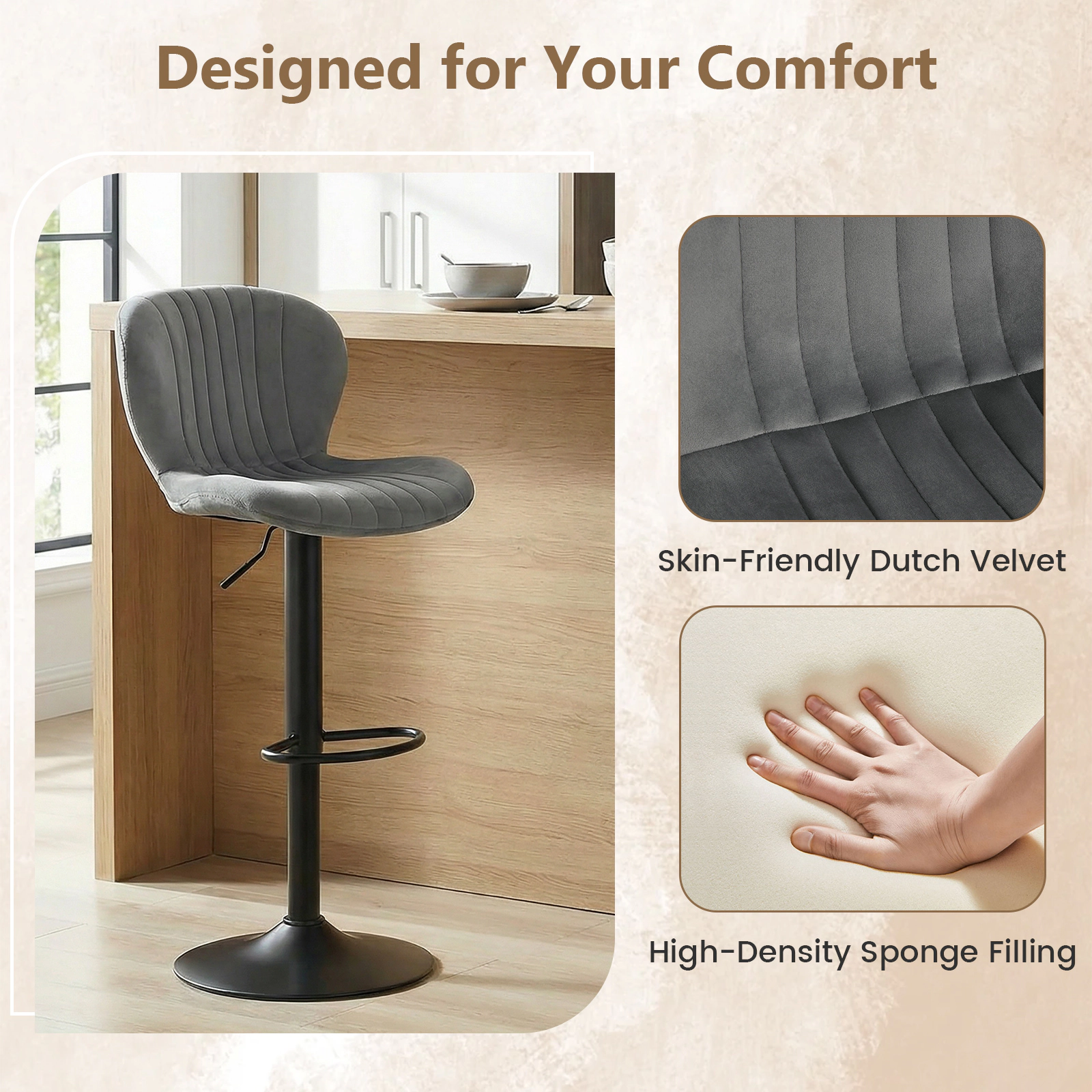 SUGIFT Adjustable Counter Height Bar Stools 330-lb Capacity with 360° Swivel and Footrests Black/Gray + Black