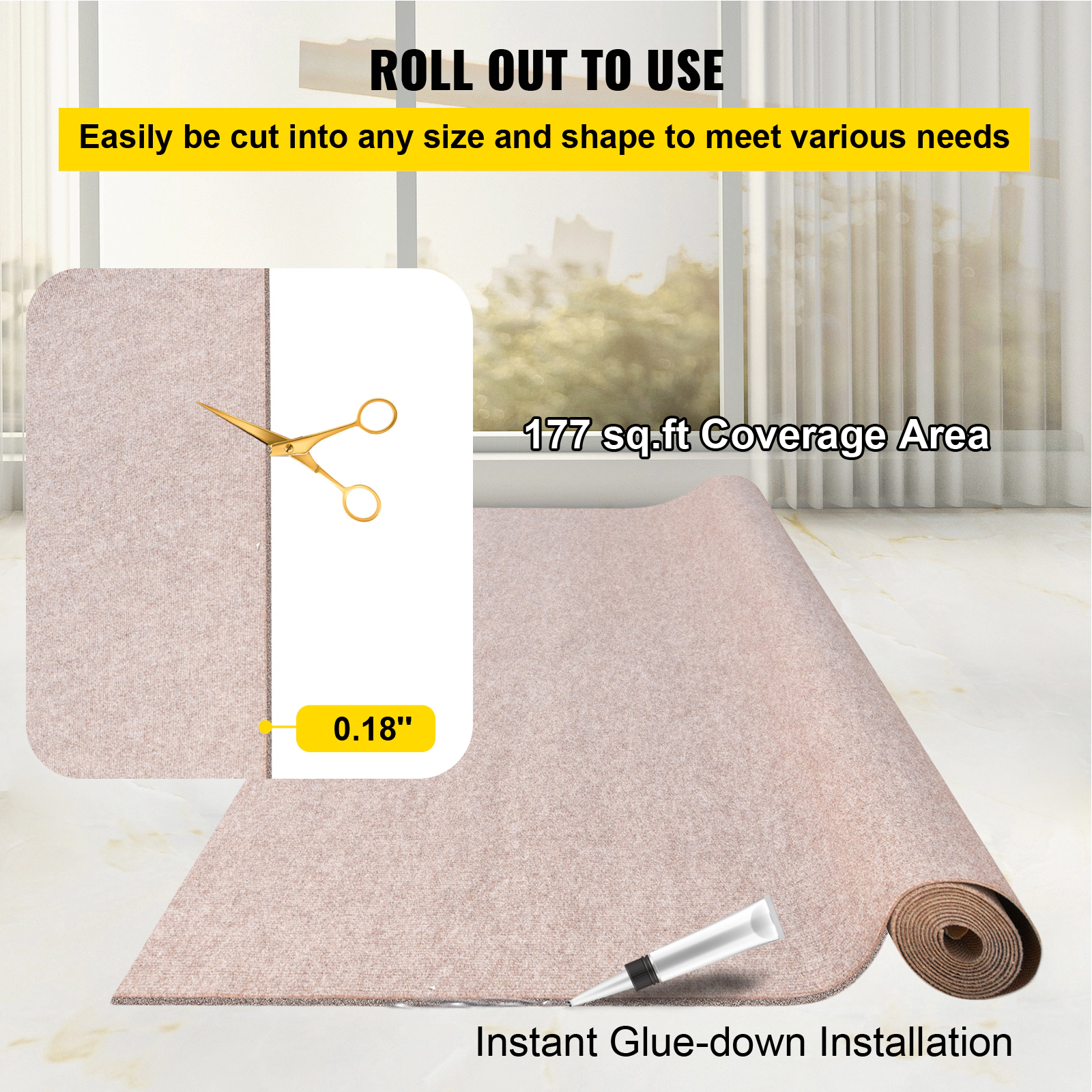 HONGGE Gray Marine Carpet 6 ft Boat Carpet Rugs Indoor Outdoor Rugs for Patio Deck Anti-Slide TPR Water-Proof Back Cut