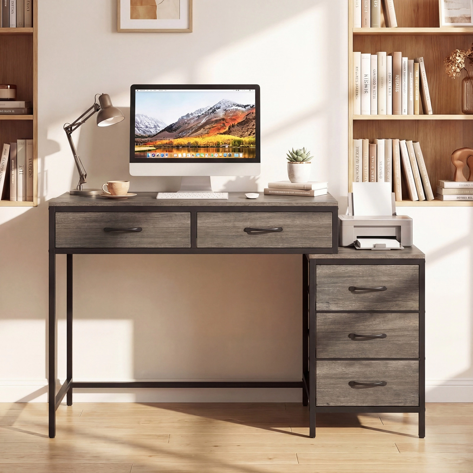 SUGIFT Oak 5 Drawers and Printer Stand for Small Spaces 51 Inch Computer Desk