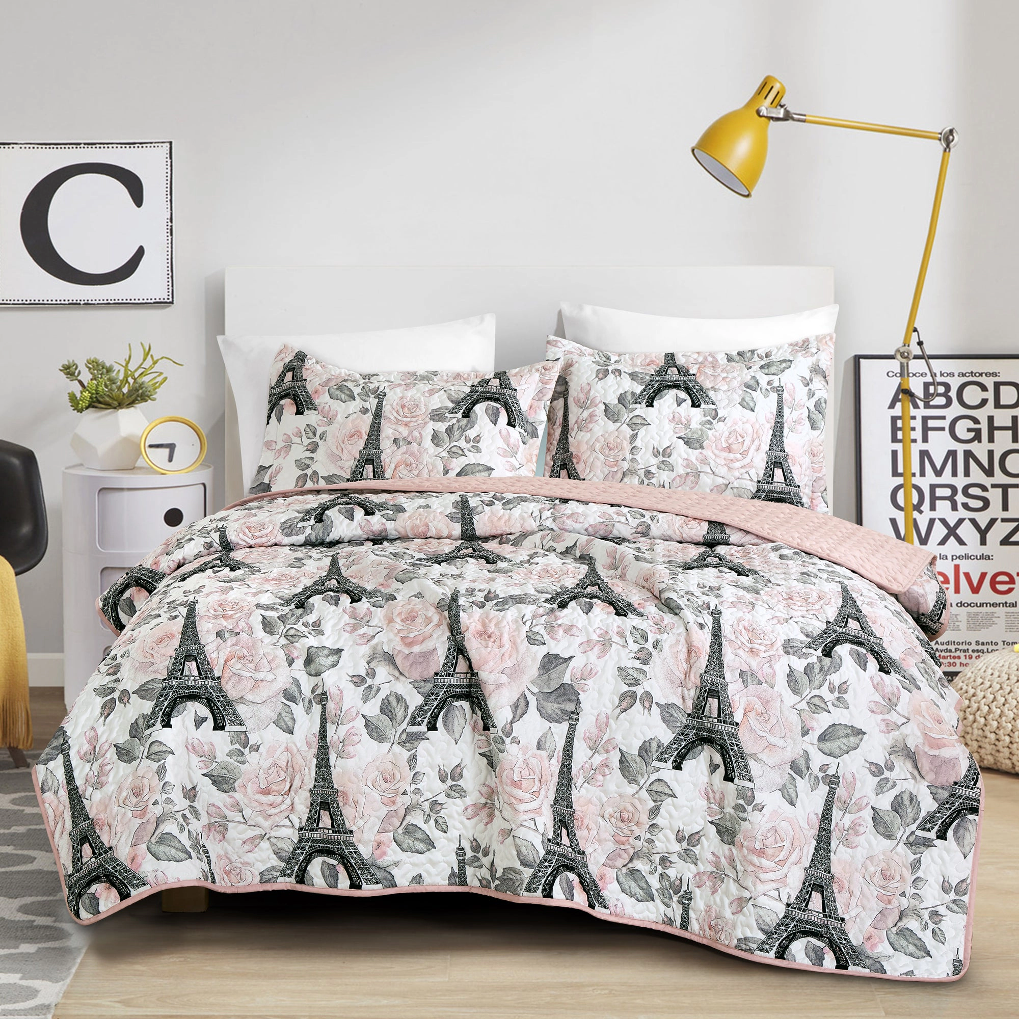 MarCielo 2/3 Piece Kids Eiffel Tower Floral Reversible Quilt Set – Paris Pink Bedspread