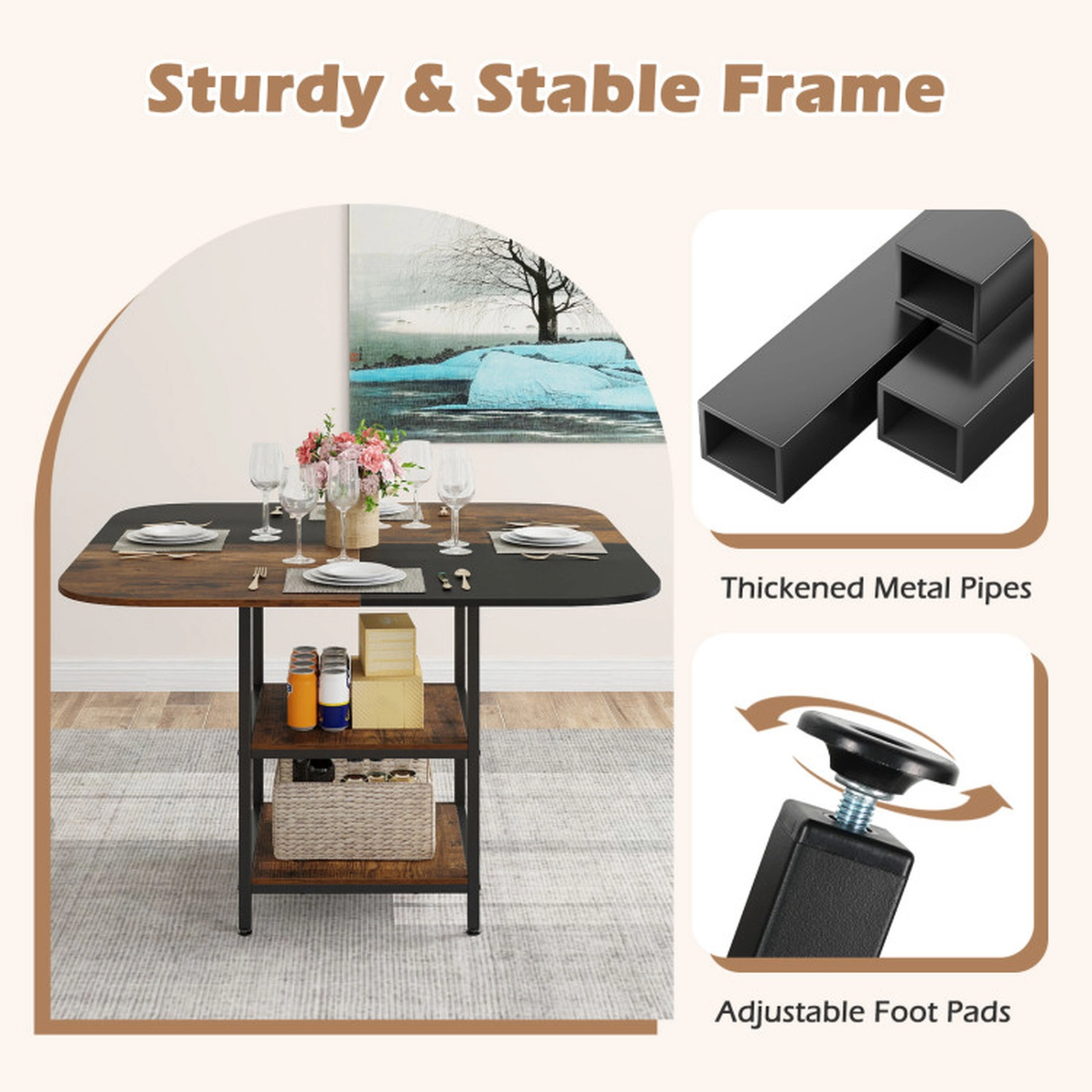 SUGIFT 47.5-Inch Rustic Brown Square Dining Table with 2 Storage Shelves