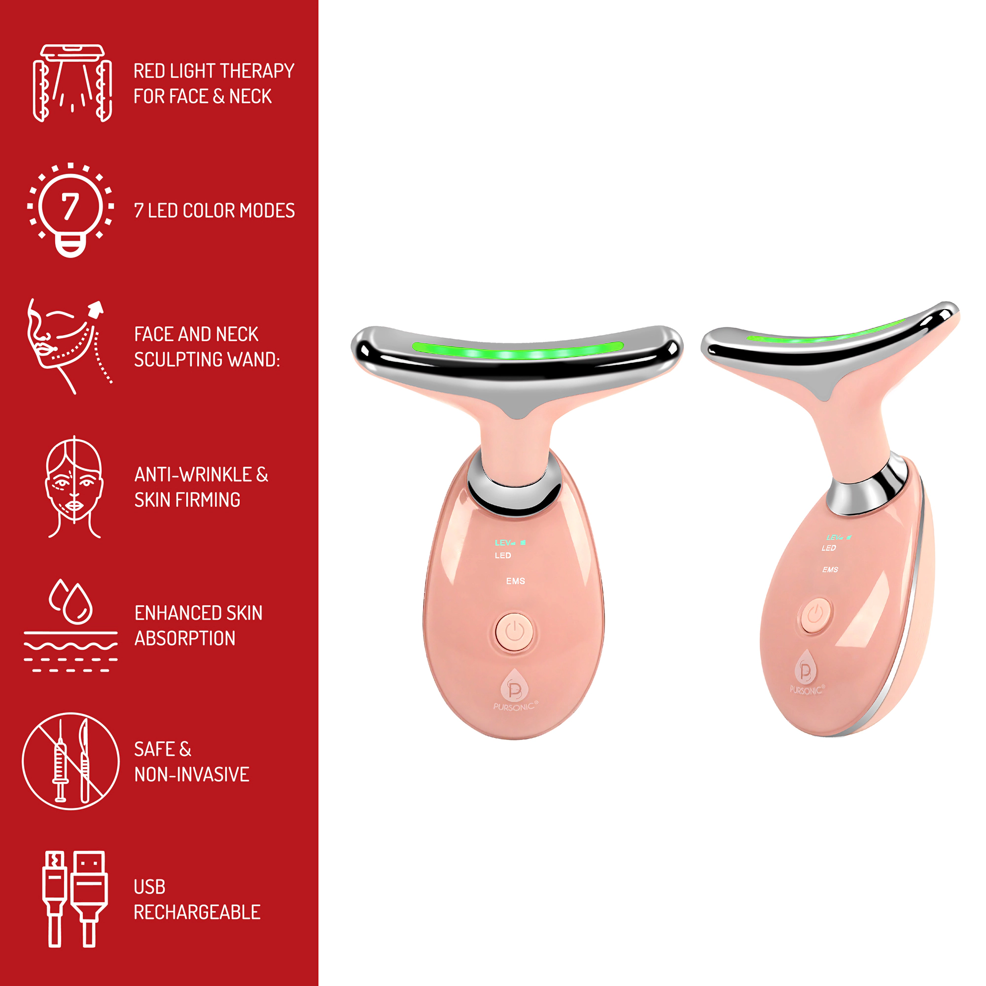 Pursonic Women's Skincare Renewal Bundle with Facial Steamer, 7-in-1 LED Light Therapy Device & Vitamin C 20% Serum