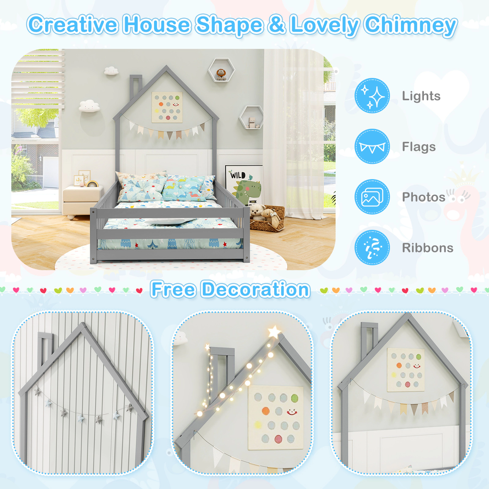 SUGIFT House-Shaped Twin Size Montessori Floor Bed with Lockable Door and Full-Length Guardrail Gray/White