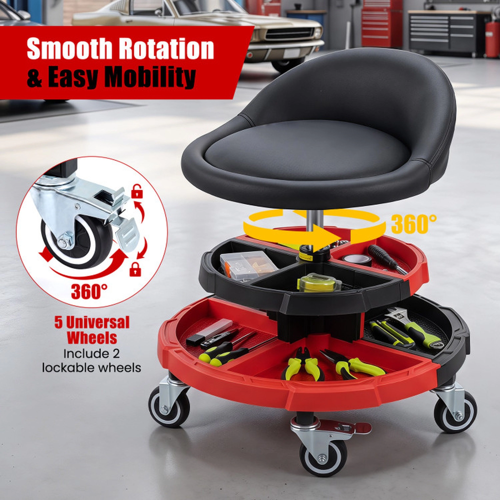 SUGIFT Adjustable Rolling Mechanic Stool with Lumbar Backrest and 2 Tool Trays