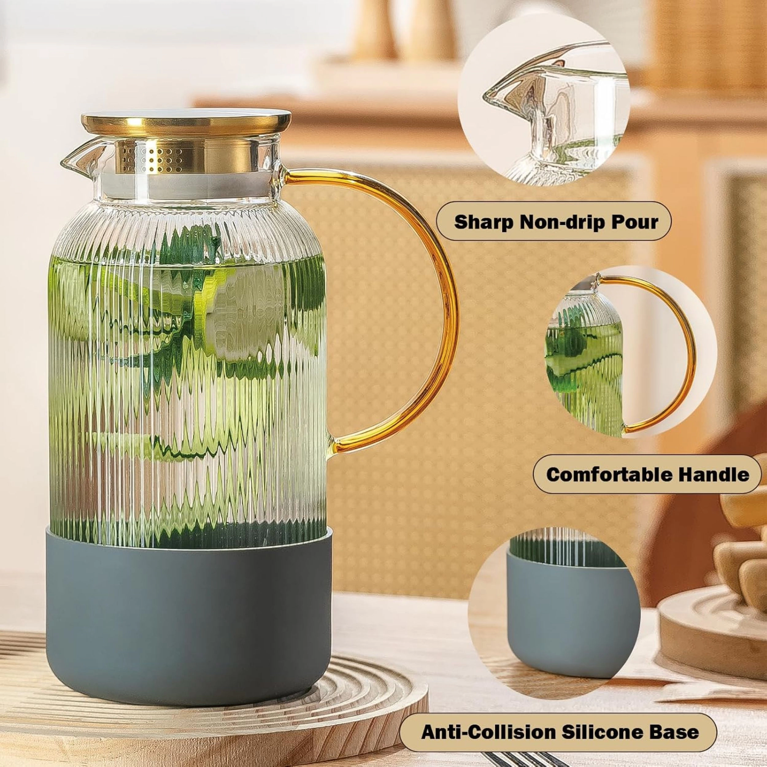 Stock Preferred Pack of 2 68 oz Striped Glass Pitchers with Lids and Silicone Bases