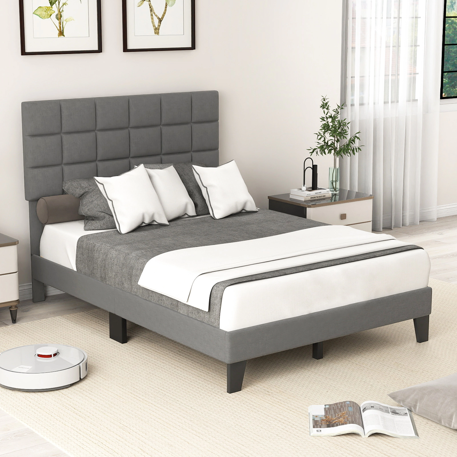 SUGIFT Full Bed Frame, Gray Linen Upholstered Platform Bed with Adjustable Headboard
