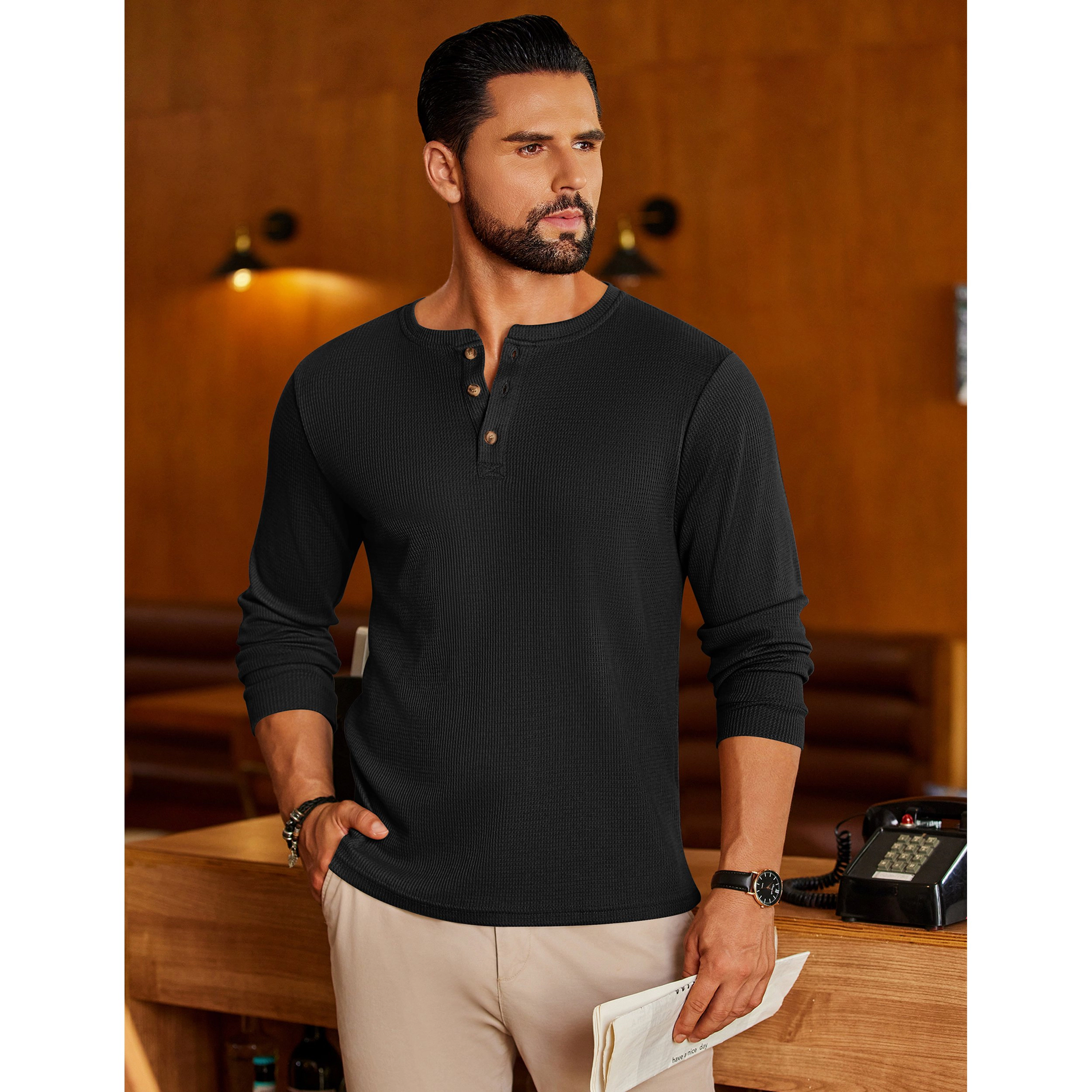 Ekouaer Mens Henley Long Sleeve Shirts Waffle T Shirt Lightweight Thermal Undershirts