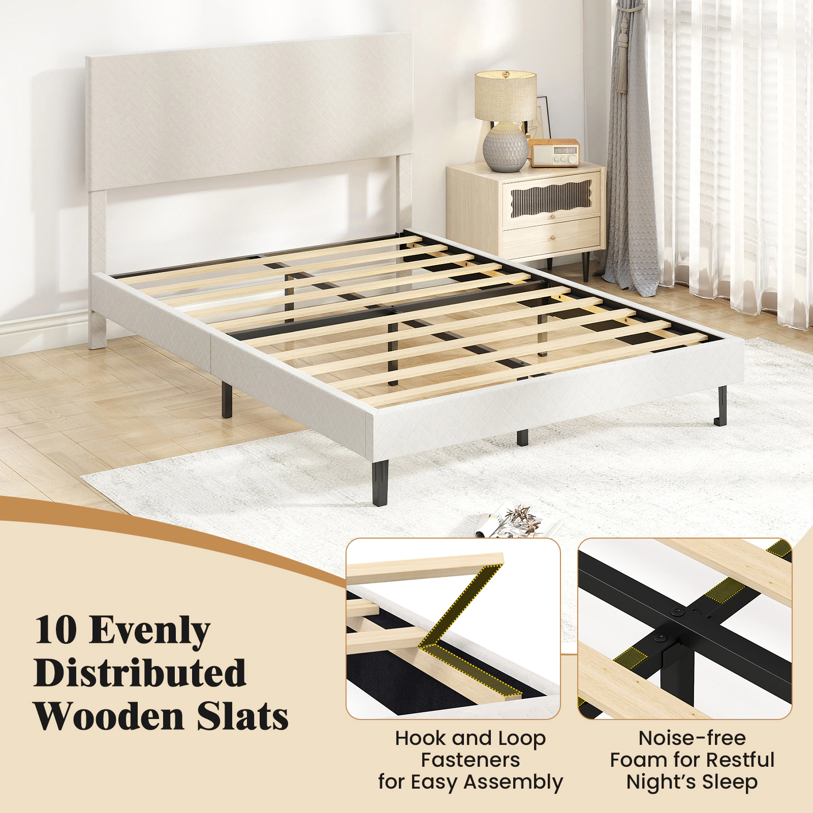 SUGIFT Velvet Upholstered Full Platform Bed Frame with Adjustable Chevron Headboard 800-lb Capacity 77.5-in Frame Beige