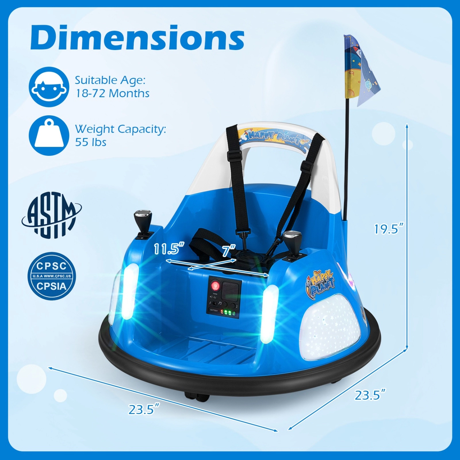 SUGIFT 12V Kids Ride On Bumper Car with Remote Control and Flashing Lights 55-lb Capacity Ages 18-72 Months Blue