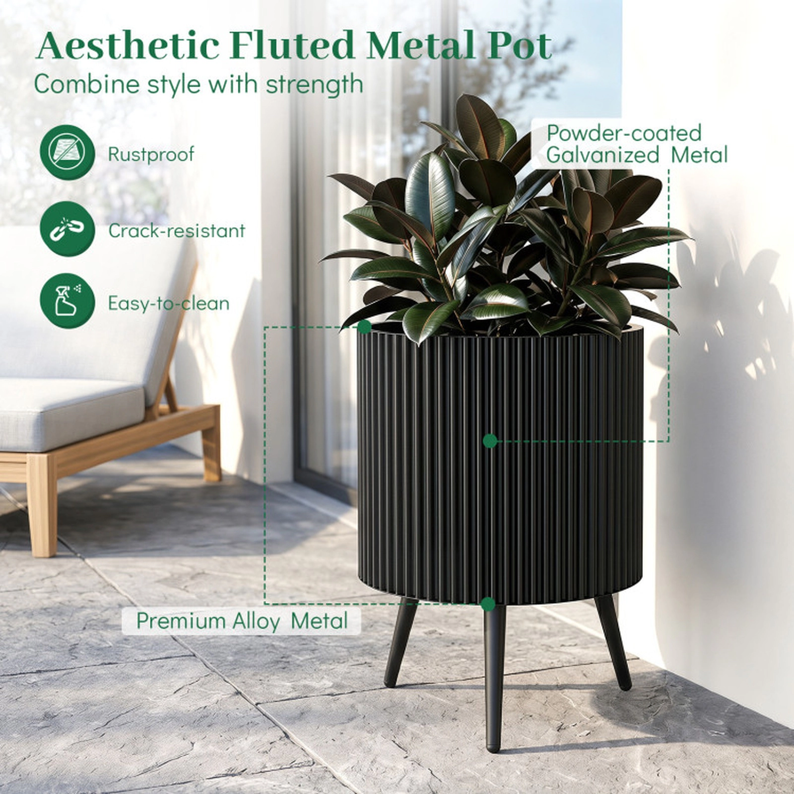 SUGIFT Black Fluted Metal Plant Pot with Stand and 3 Tapered Legs 16.5-in Dia 22-in H 110-lb Pot Capacity