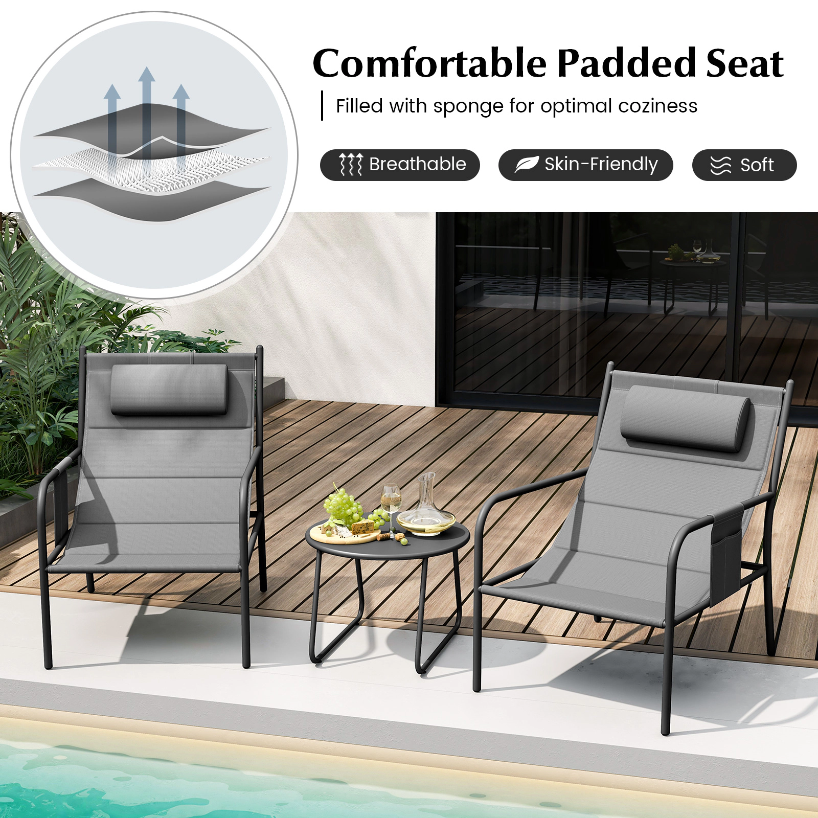 SUGIFT 3 Piece Outdoor Bistro Conversation Set with Metal Chairs and Coffee Table 330-lb Chair Capacity Gray