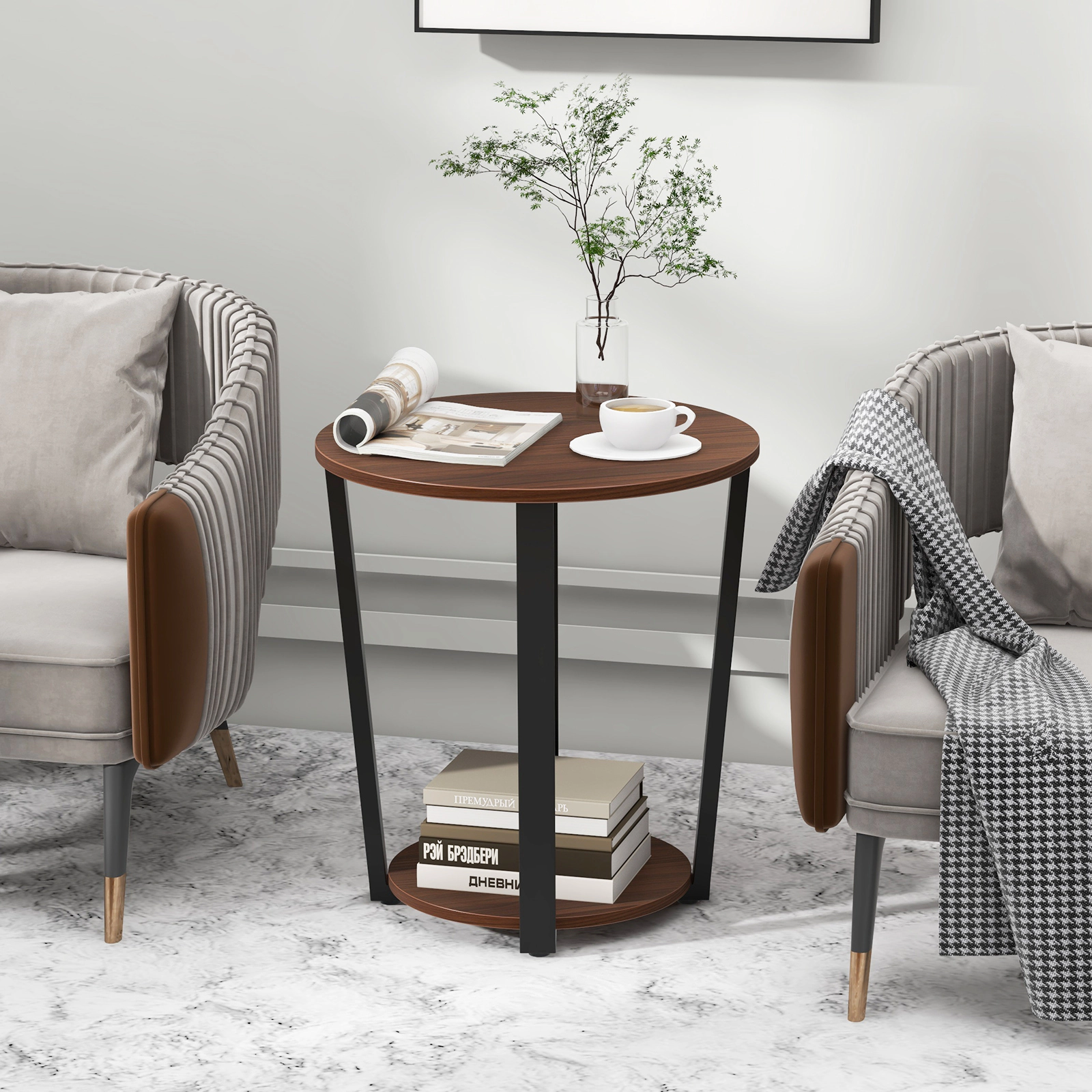 Glintex Round End Table with Open Shelf X-Braced Metal Frame and Adjustable Feet, Walnut