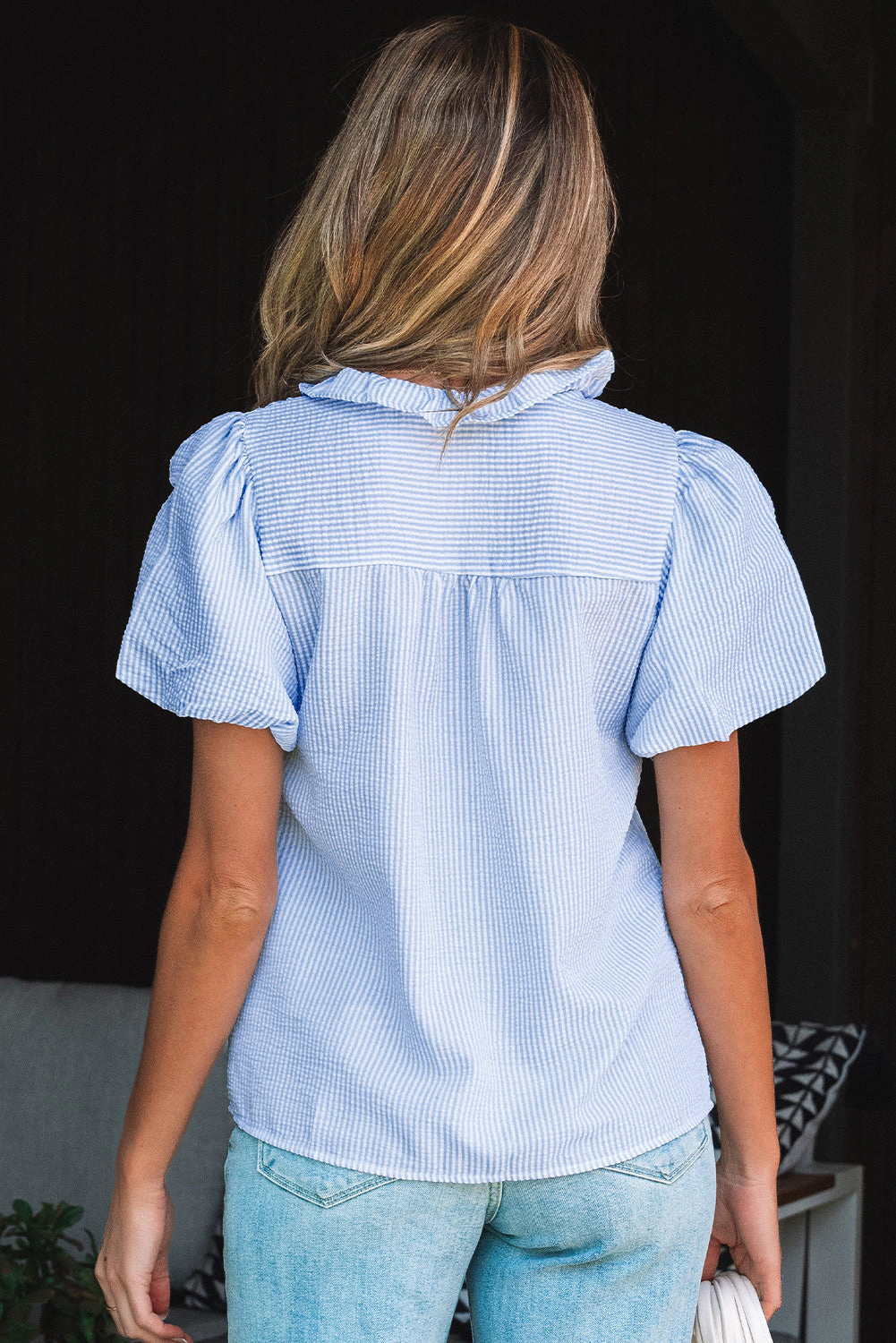 Threaded Pear Womens Monica Short Bubble Sleeve Shirt - Beau Blue, 100% Polyester
