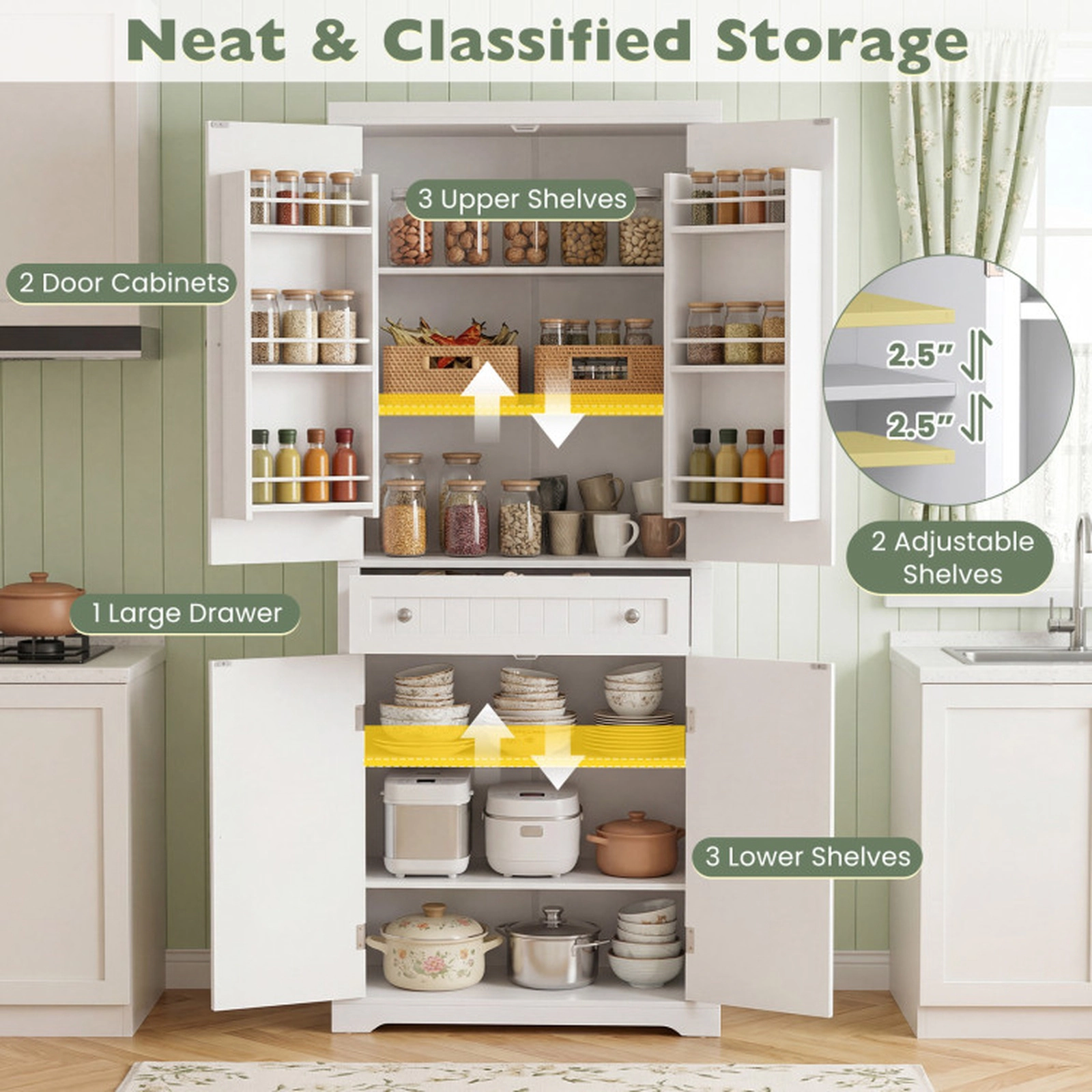 SUGIFT Tall Kitchen Pantry Storage Cabinet with 4 Fluted Doors Drawer 22-lb Shelf Capacity 11-lb Drawer Capacity White