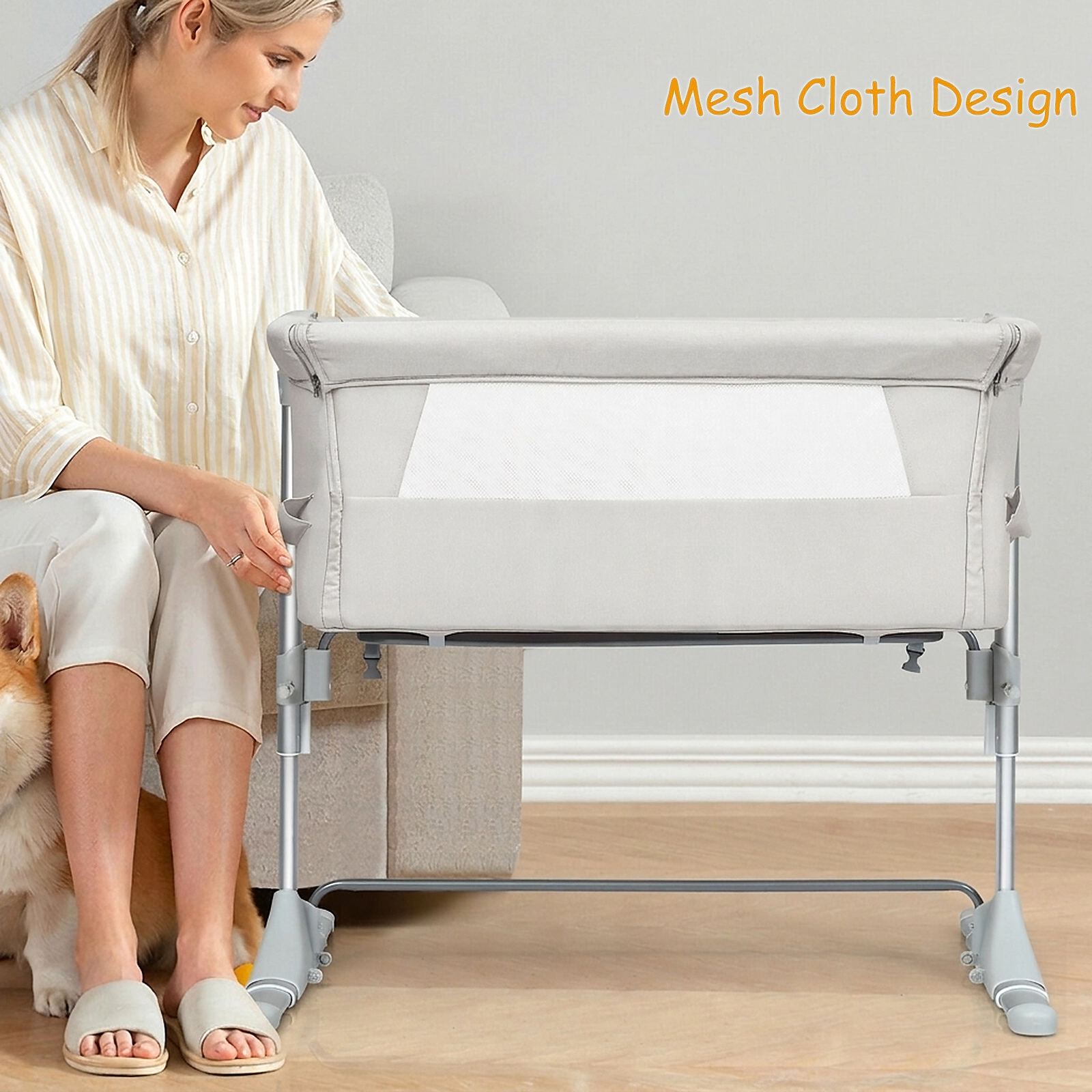 SUGIFT Beige Portable Bedside Sleeper Bassinet with Adjustable Height and Carry Bag