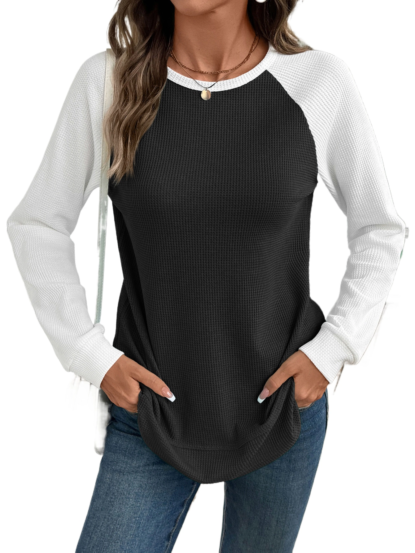 Premium Charms Women Fall Waffle Knit Color Block Raglan Sleeve Tops