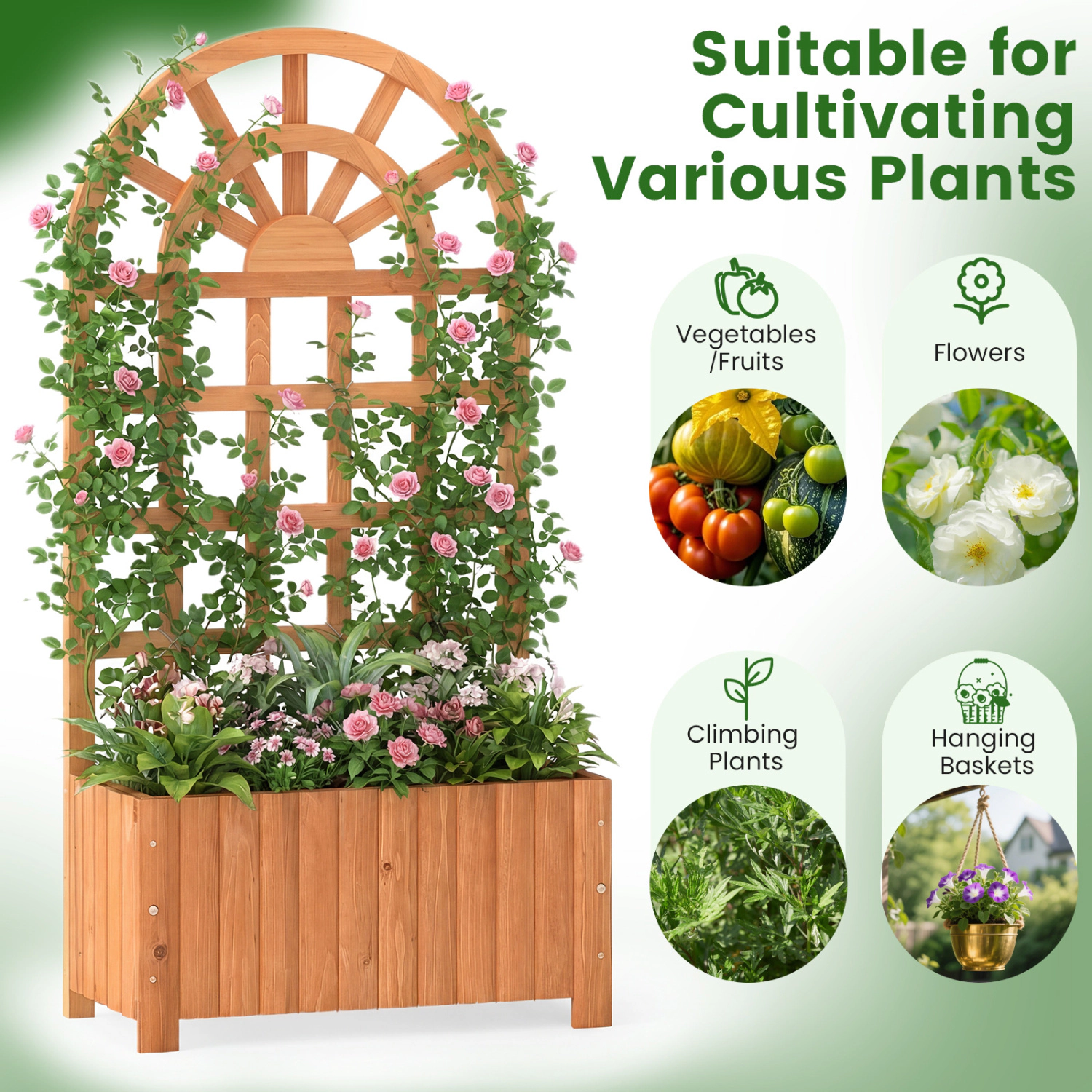 Hivvago Raised Wooden Planter Box with Trellis