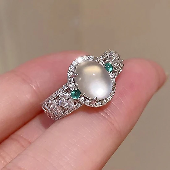 Vintage Oval Cabochon Moonstone Ring With Emerald Accents Pave Cubic Zirconia