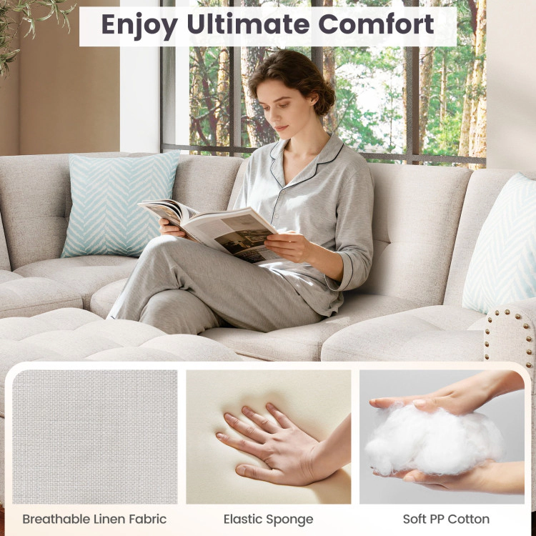 Hivvago Sectional Sofa Couch With Movable Storage Ottoman And Linen Fabric Backs