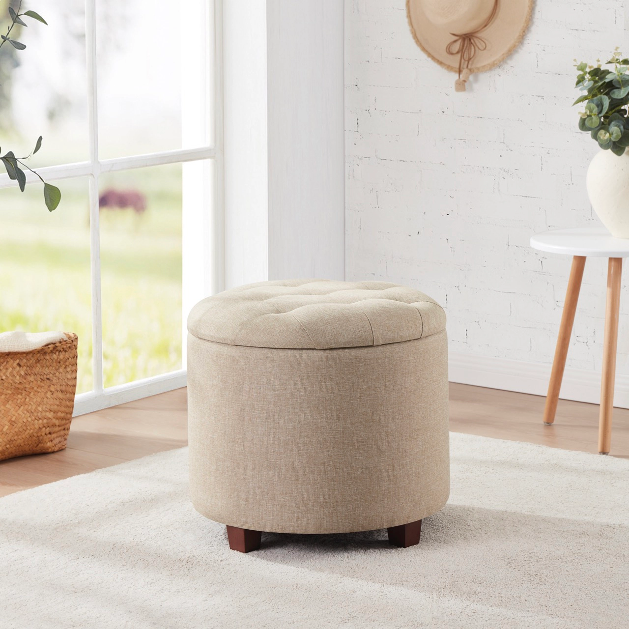 Ornavo Home Linen Upholstered Round Tufted Storage Ottoman with Wooden Legs