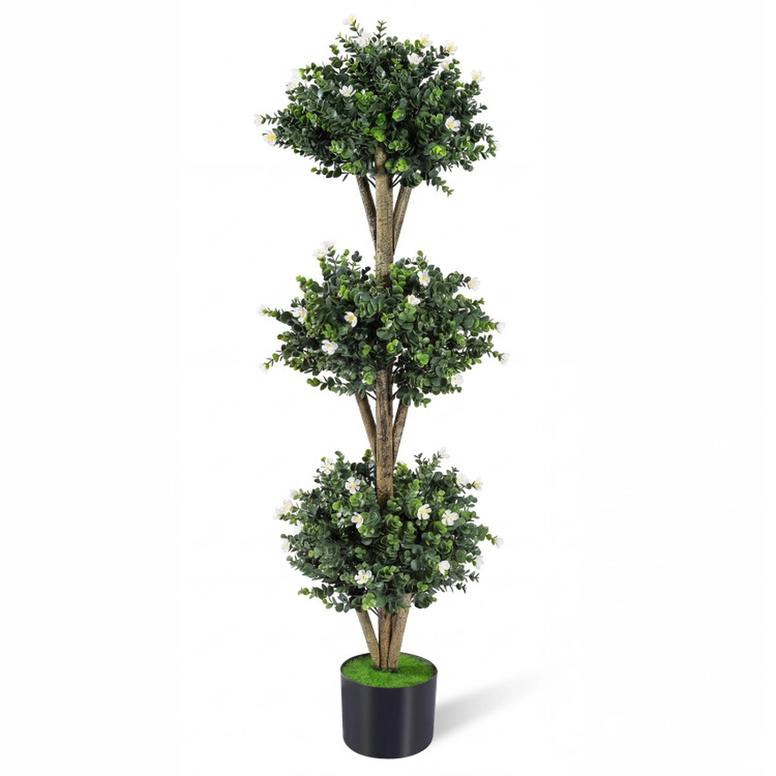 SUGIFT 51-in Artificial Triple Ball Boxwood Topiary Tree with 59 White Blossoms and Cement-Filled Pot
