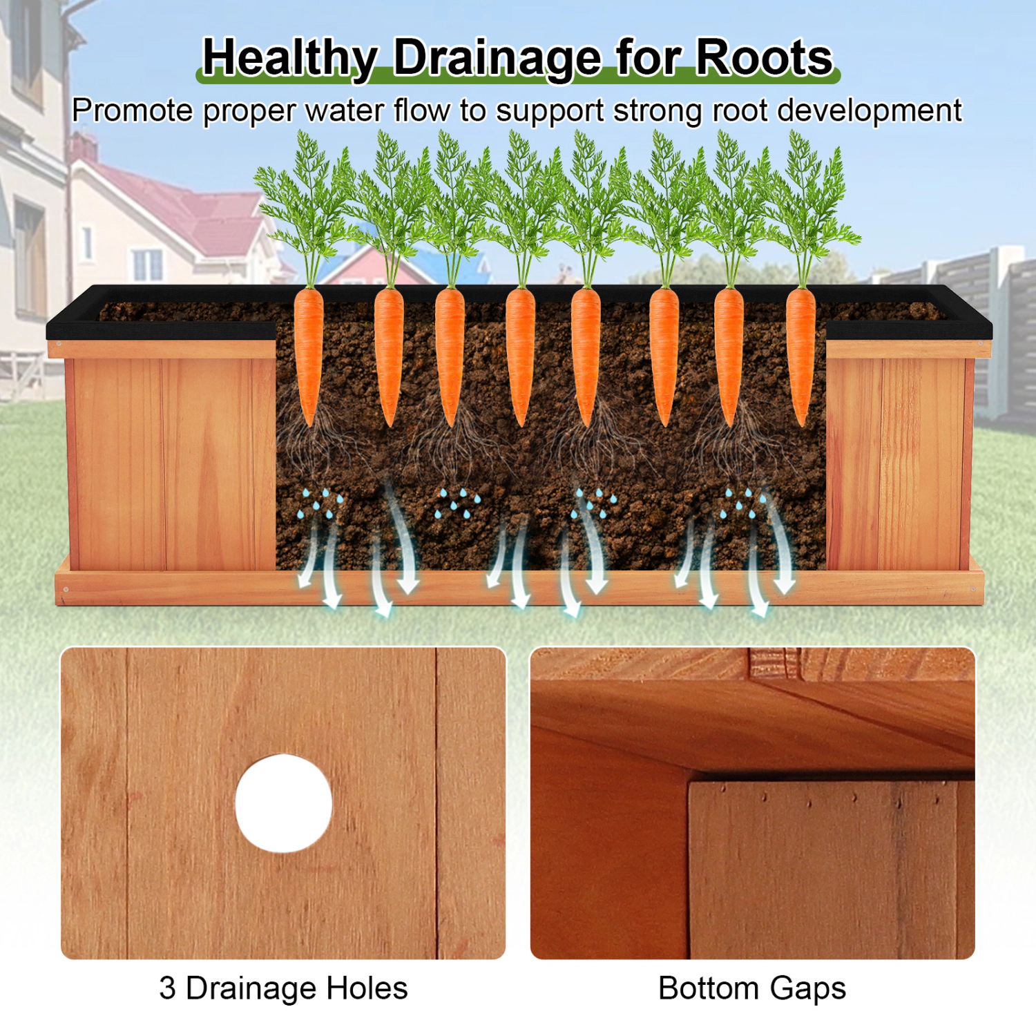 LJG Wooden Raised Garden Bed with Drainage Holes and Liner Solid Fir Wood Planter Box