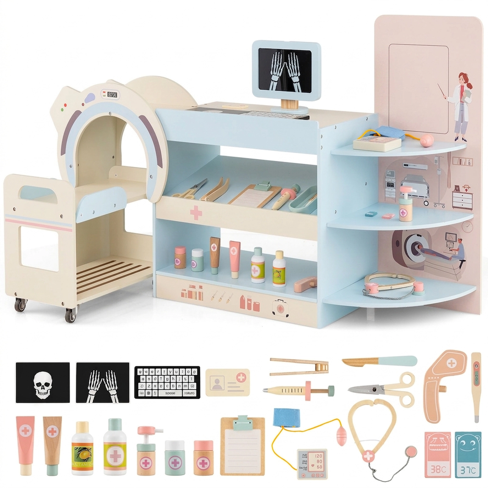 Kids Doctor Play Set Wooden Hospital Office Kit Eye Chart Toy CT Machine Rolling Trolley 45.5-in x 12-in x 28.5-in Blue