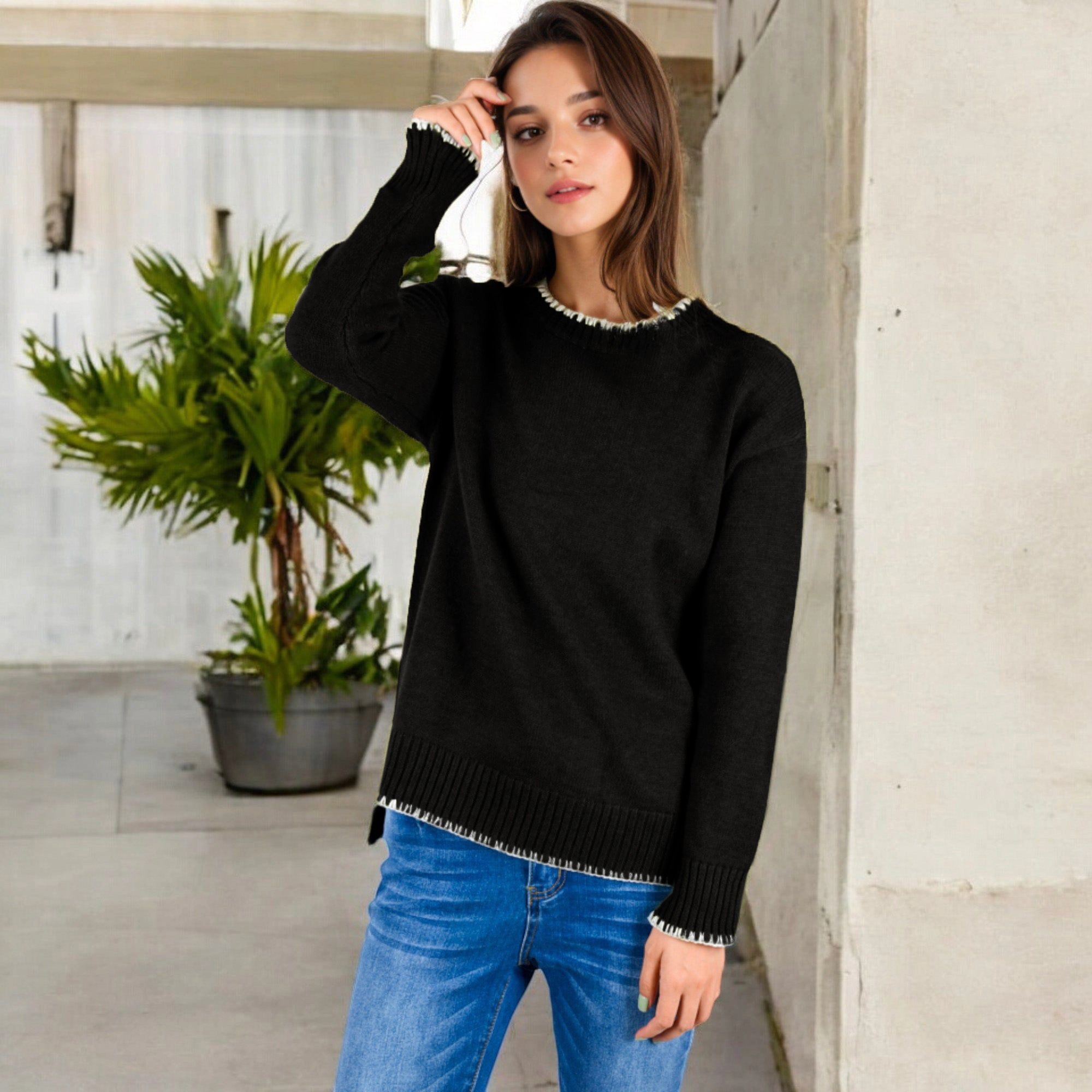 Anna-Kaci Women's Crew Neck Knit Sweater with Contrast Trim and Ribbed Hem
