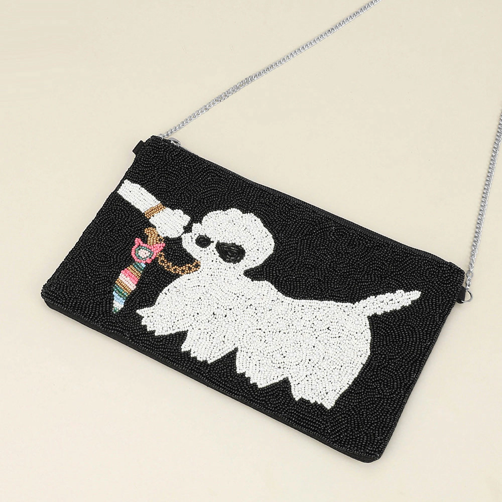 Fashnzfab Seed Beaded Dog Flat Clutch Bag / Crossbody Bag