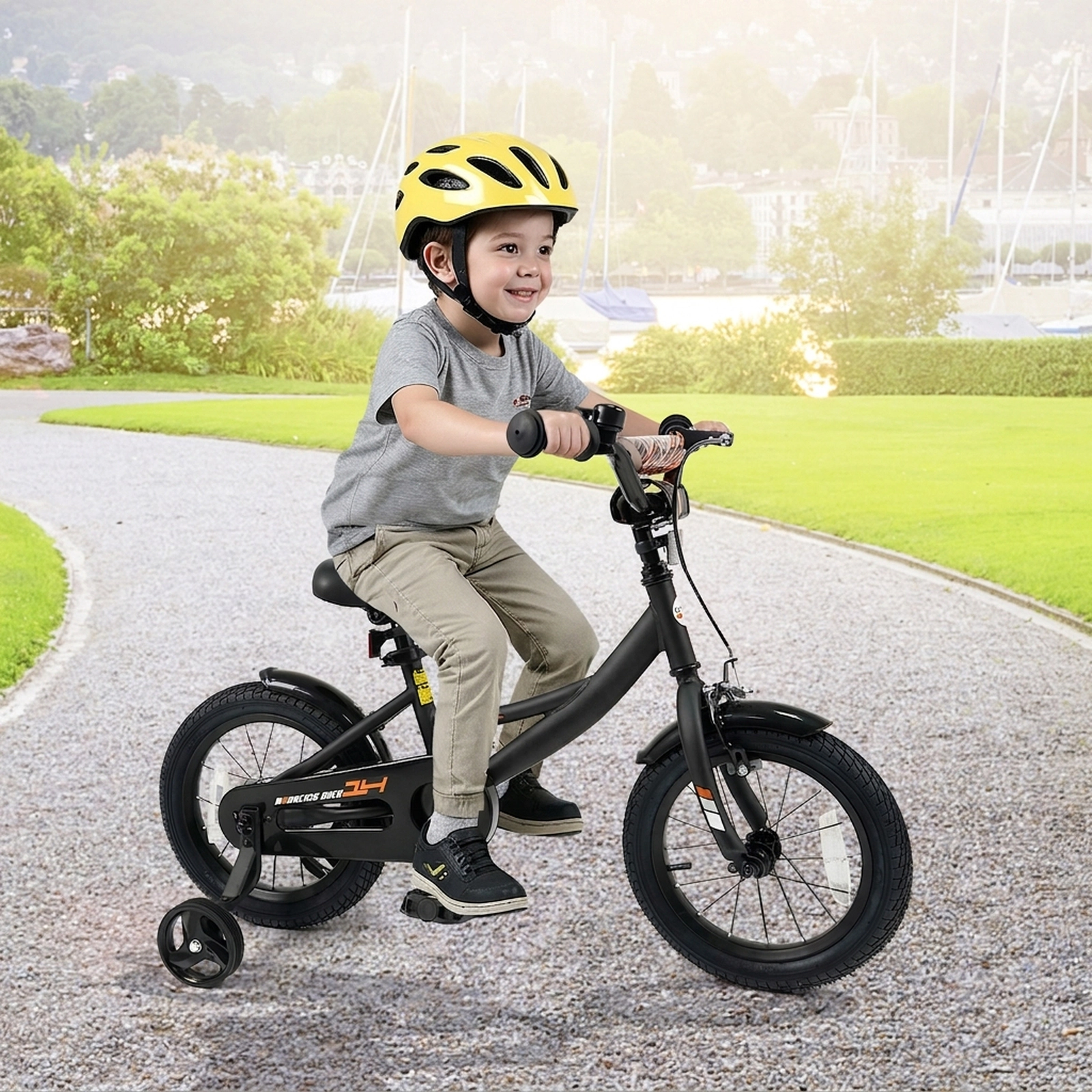 14-in Kids Bike Removable Training Wheels Adjustable Seat Ages 3-5 Black Bicycle Kickstand and 145-lb Seat Capacity