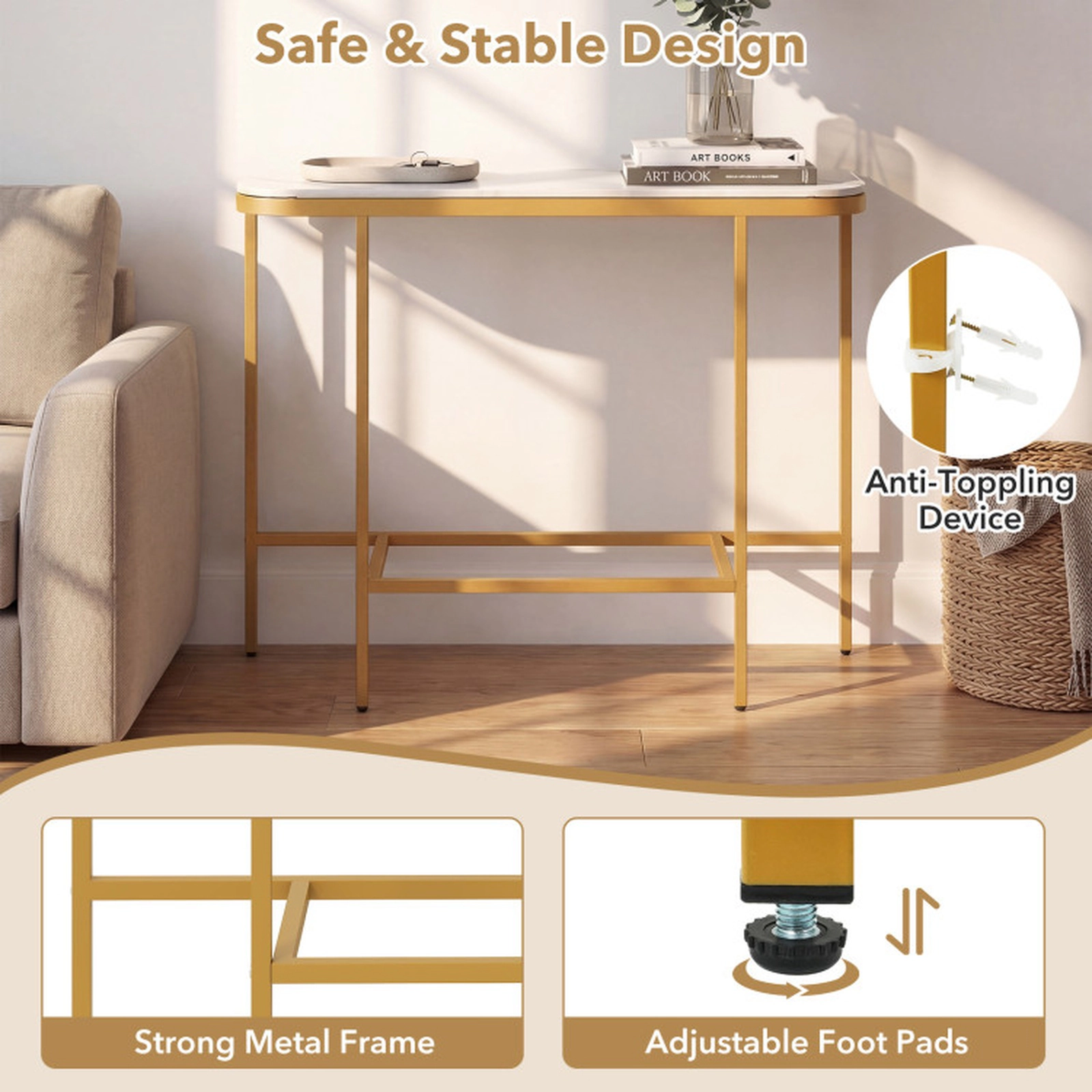 SUGIFT Faux Marble Console Entryway Table 66-lb Capacity 36-in Tall White + Gold/Gray + Black