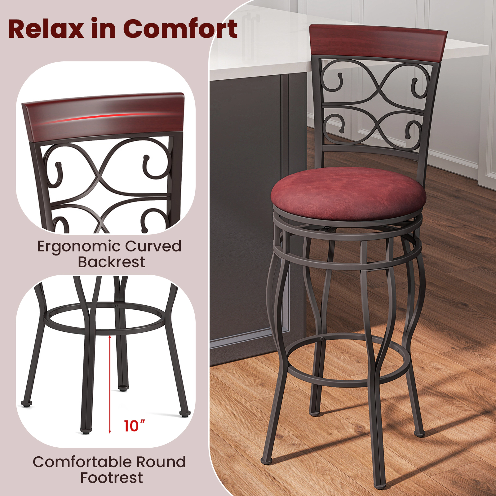 SUGIFT 2-Piece 30-in 360-Degree Swivel Bar Stools with Leather Padded Seat 300-lb Capacity Brown