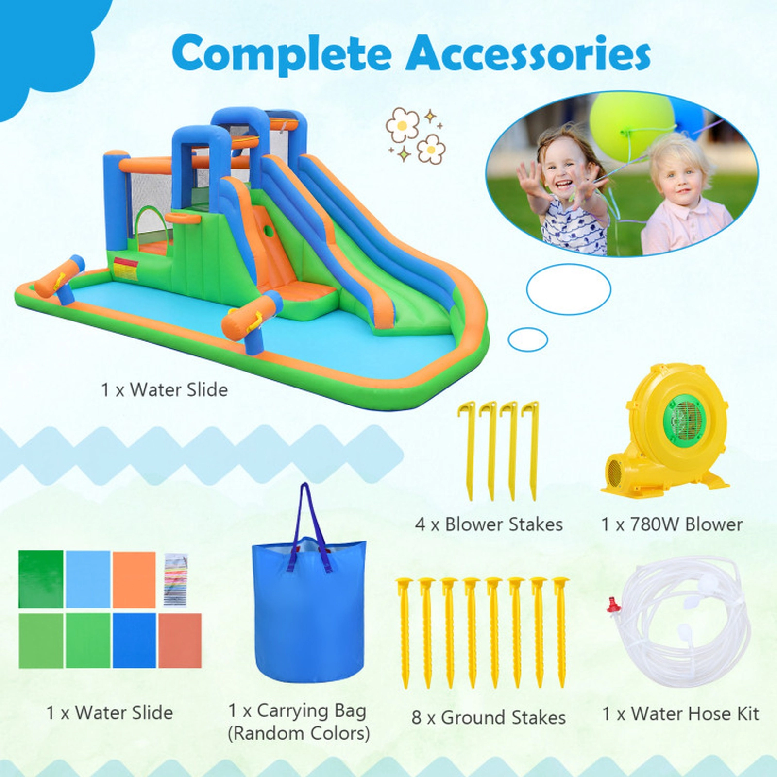 SUGIFT Inflatable Water Slide Park with 182.5-in Splash Pool 2 Climbing Walls and 780W Blower for Yard
