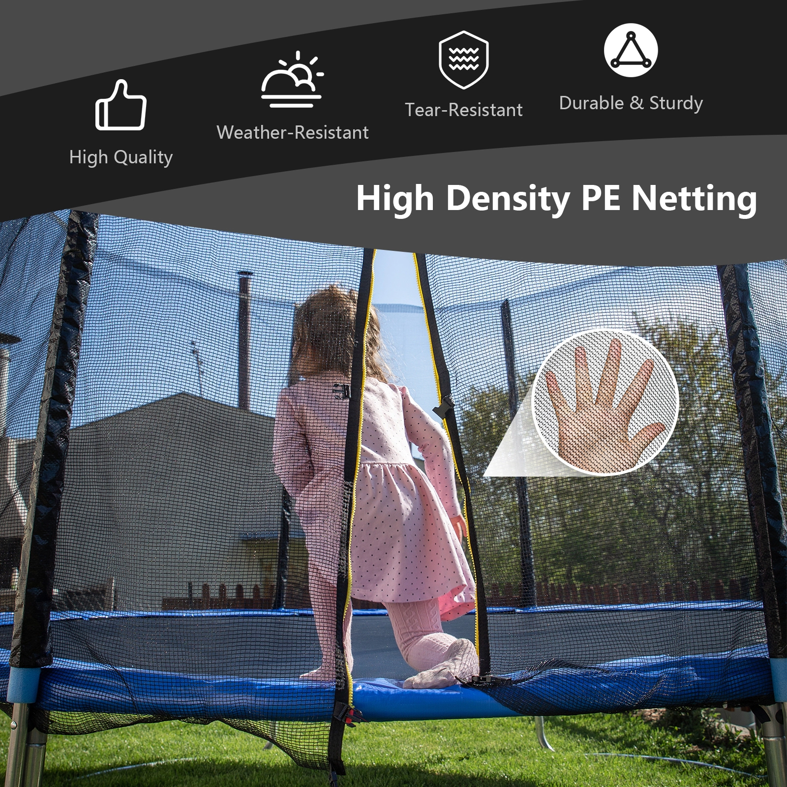 Trampoline Safety Net Replacement 8-ft Round Trampolines 6 Straight Poles 6-ft Tall PE Enclosure Net Double Door Black