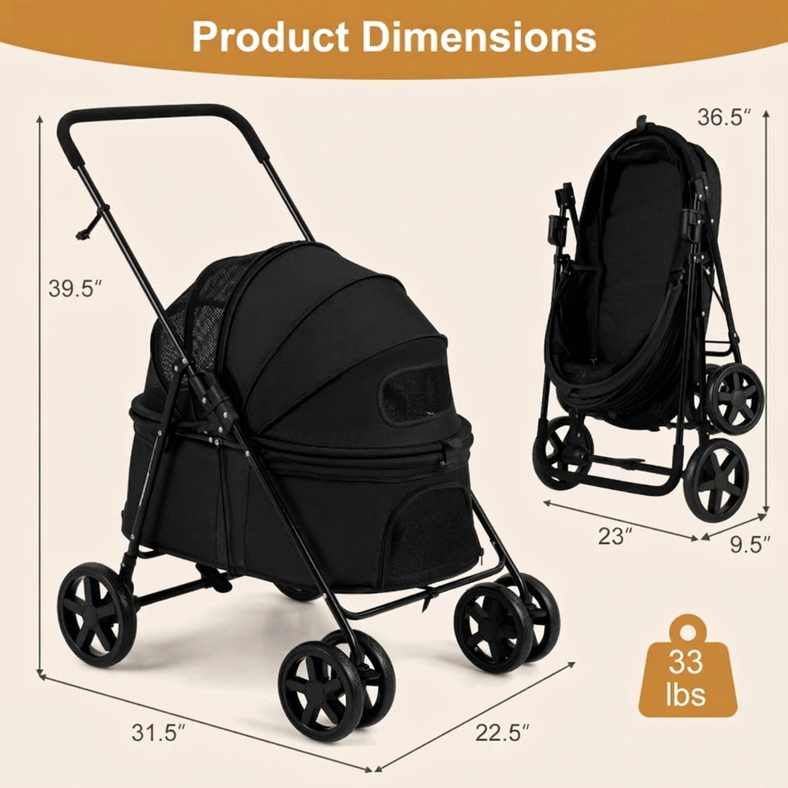 SUGIFT Black Folding Pet Stroller with One-Step Brake 31.5-in W 22.5-in D 39.5-in H 33-lb Cabin Capacity