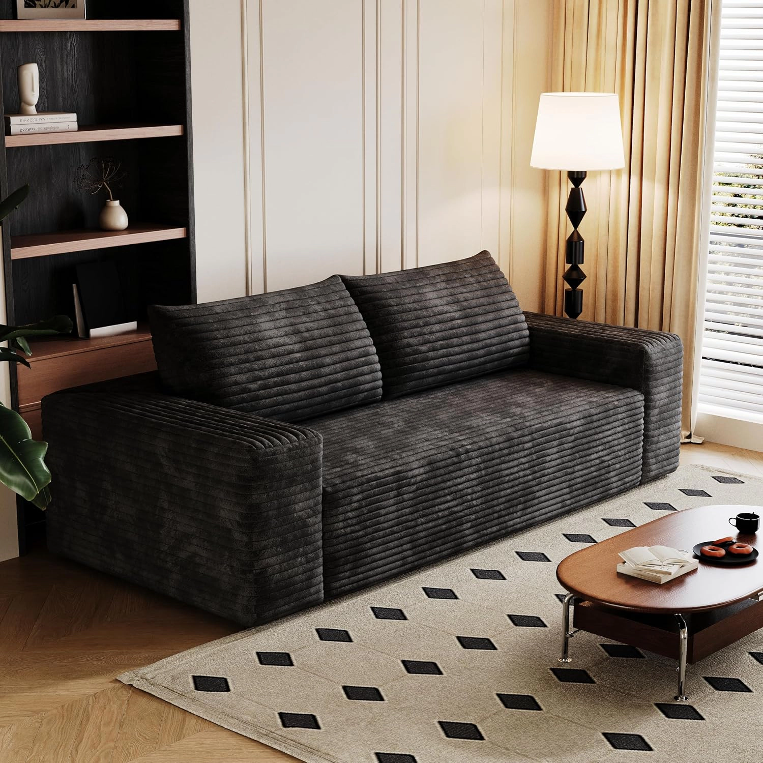 RENDGO 63 inch Black Small Boneless Cloud Loveseat Sofa with Chaise for Living Room No Assembly Required