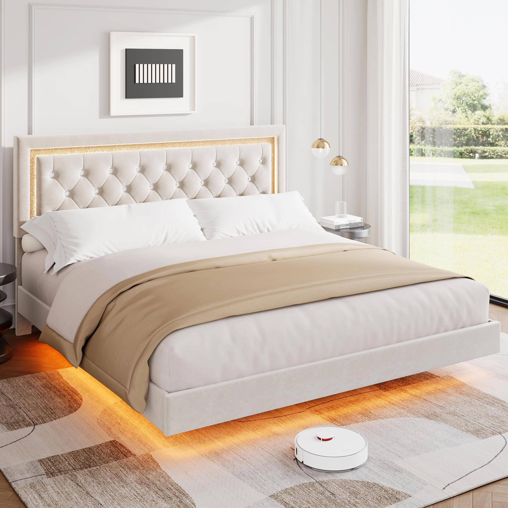 Floating Platform Bed with Diamond Upholstered Headboard and RGB LED Lights, Under-Bed Storage, Wood Slat