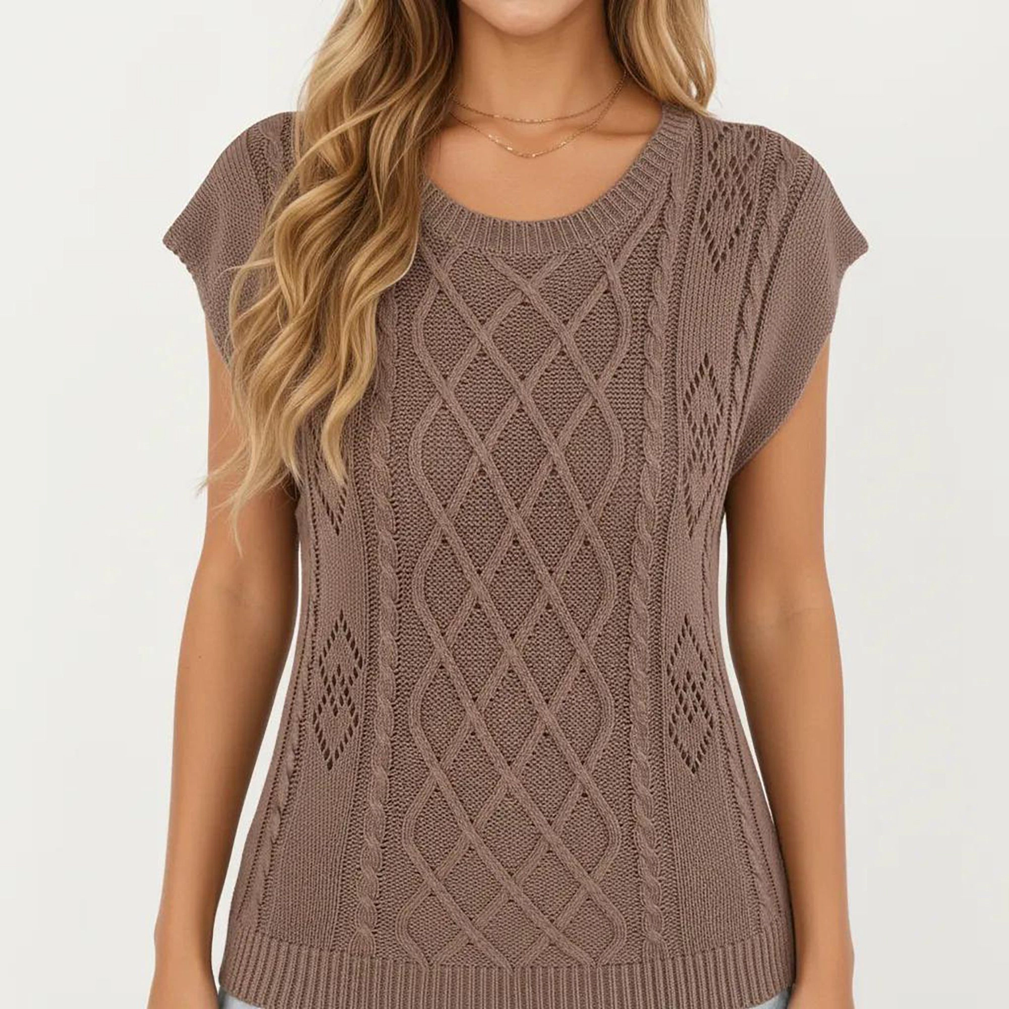 Anna-Kaci Women's Sleeveless Diamond Cable Knit Pullover Sweater Top with Ribbed Trim and Relaxed Fit