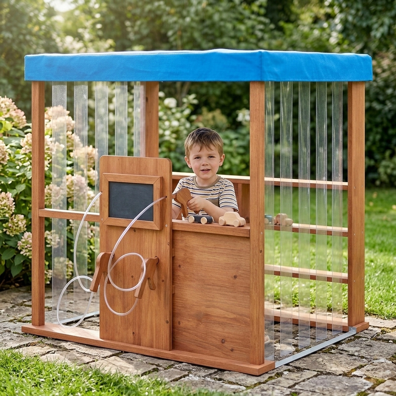 Kids Gas Station Playhouse Outdoor Wooden Play House with 2 Refueling Guns 2 Chalkboards 3-Tier Shelves Brown