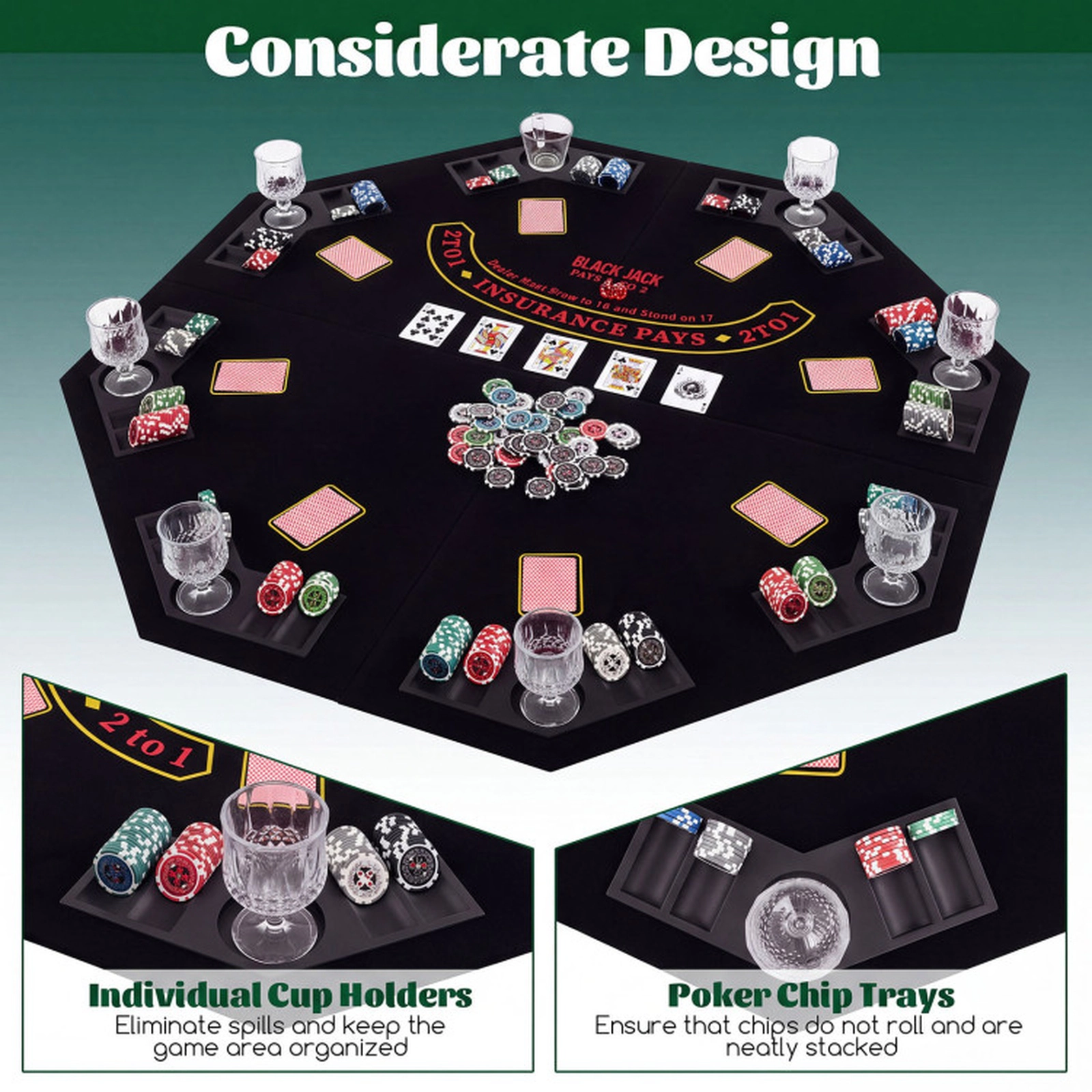 SUGIFT 48-in 8-Player Quad-Fold Portable Poker Table Top with Cup Holders Chip Trays and Carrying Bag