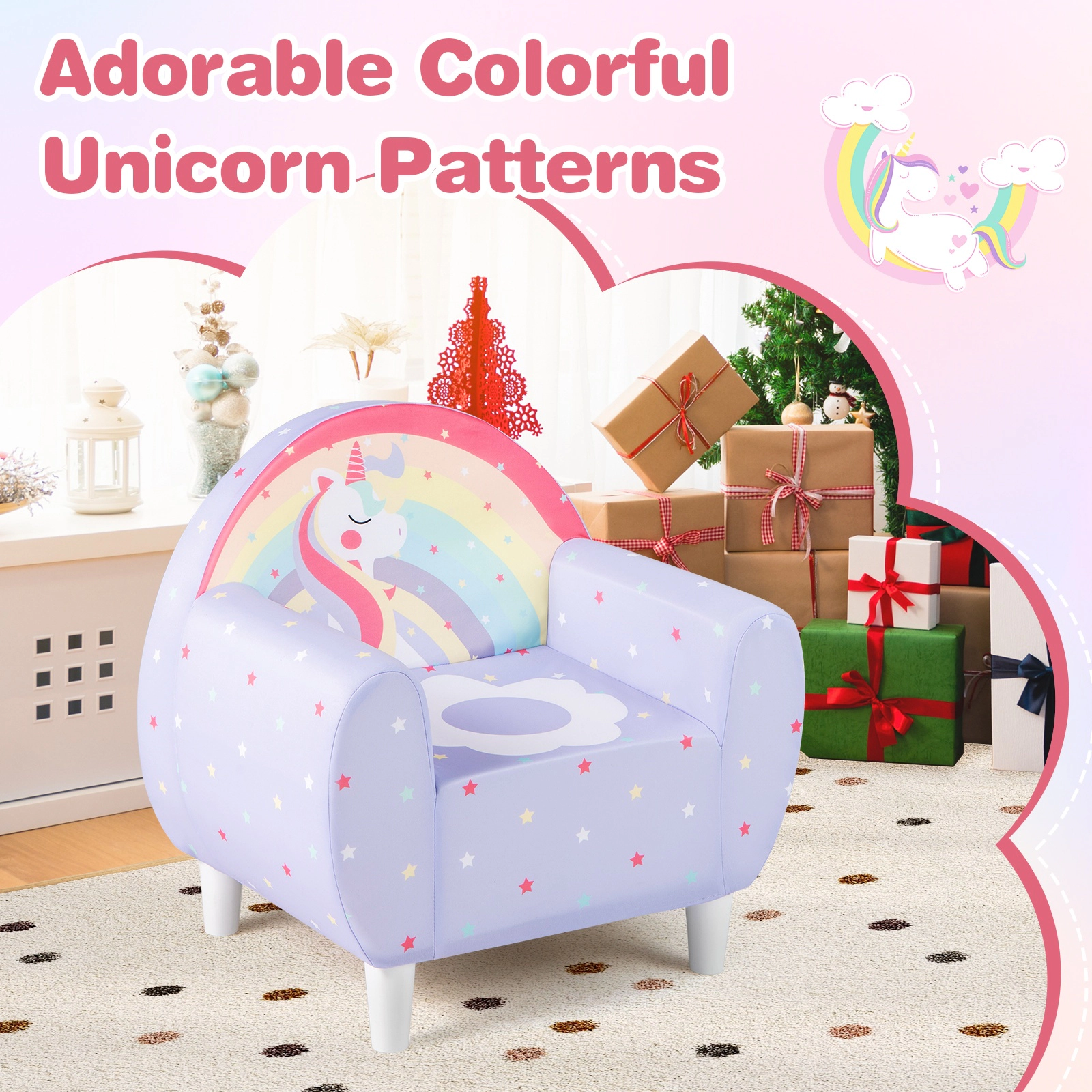 SUGIFT Purple Breathable Spandex Cover Unicorn Print and Wooden Frame Kids Sofa