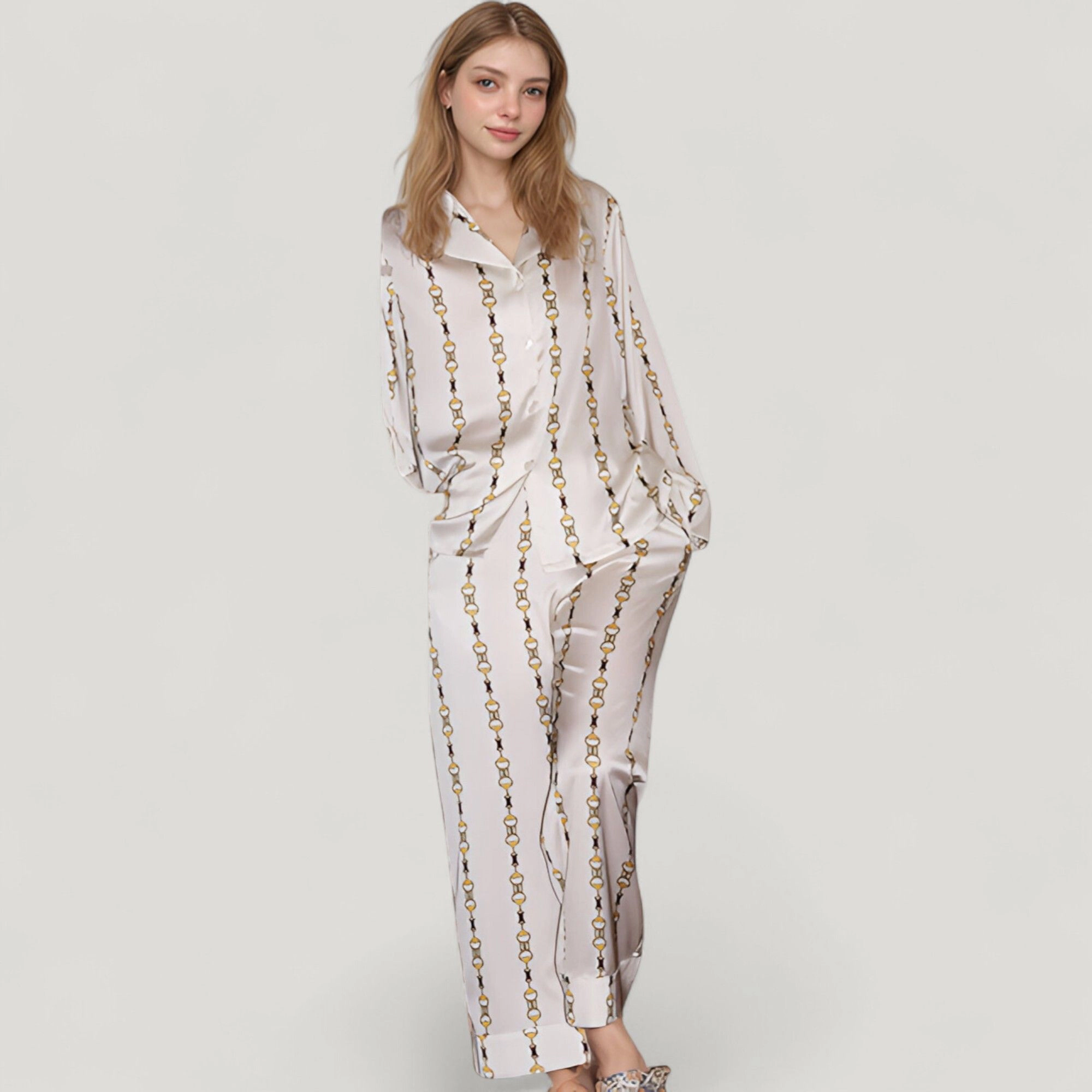 Anna-Kaci Women's Vertical Chain Print Pajama Set Long Sleeve Notch Collar Button Down Top and Silky Relaxed Woven Pants