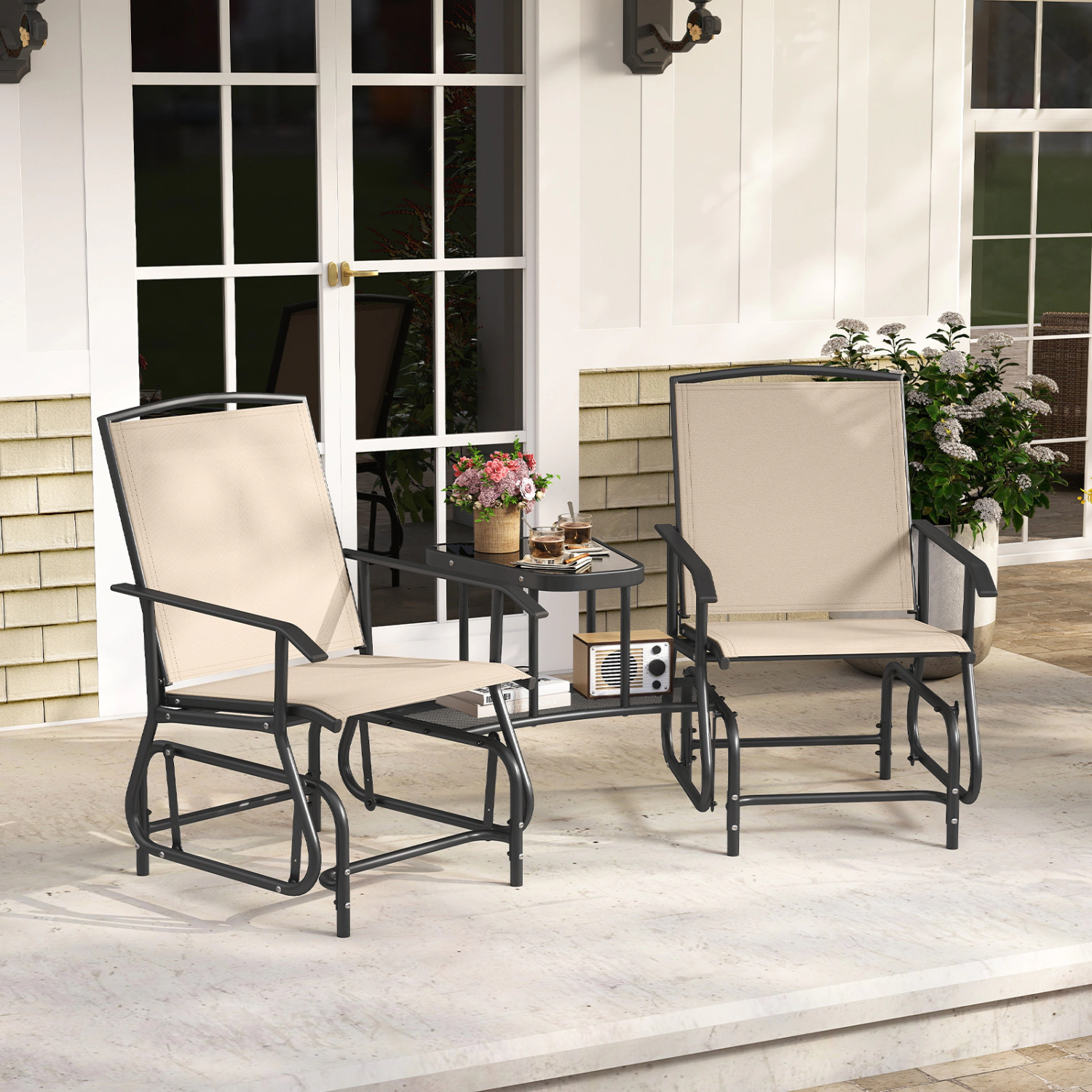 LJG 2-Seater Outdoor Glider Bench with 2-Tier Center Table
