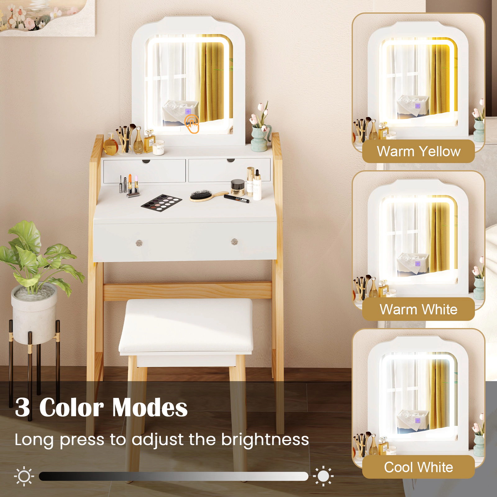 SUGIFT White Vanity Desk Set with LED Mirror, 3 Drawers and Stool