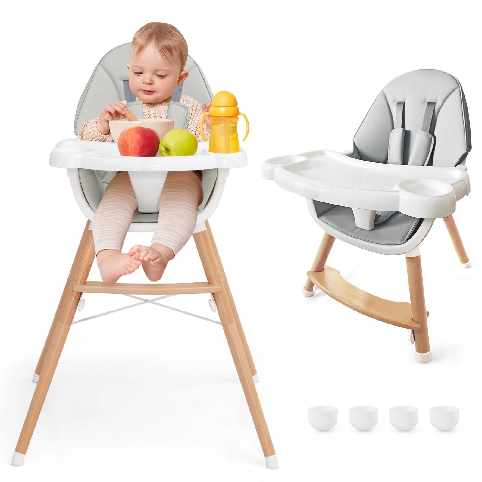 SUGIFT Beech Wood Baby High Chair 4-Level Dishwasher Safe Tray 33-lb Capacity Ages 6-36 Months 26-in Wide Beige/Gray