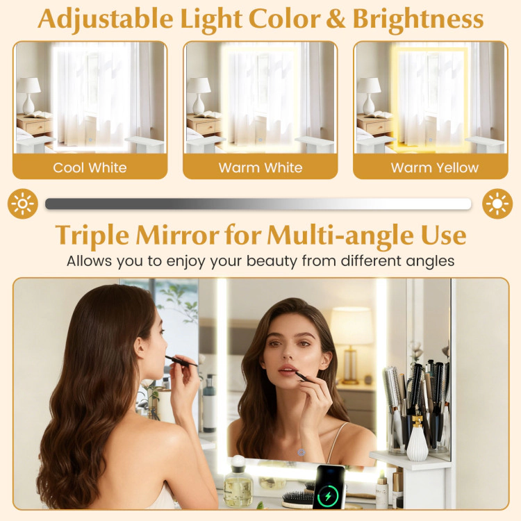 Hivvago Corner Vanity Desk With Mirror And Lights Makeup Dressing Table With Triple Mirror