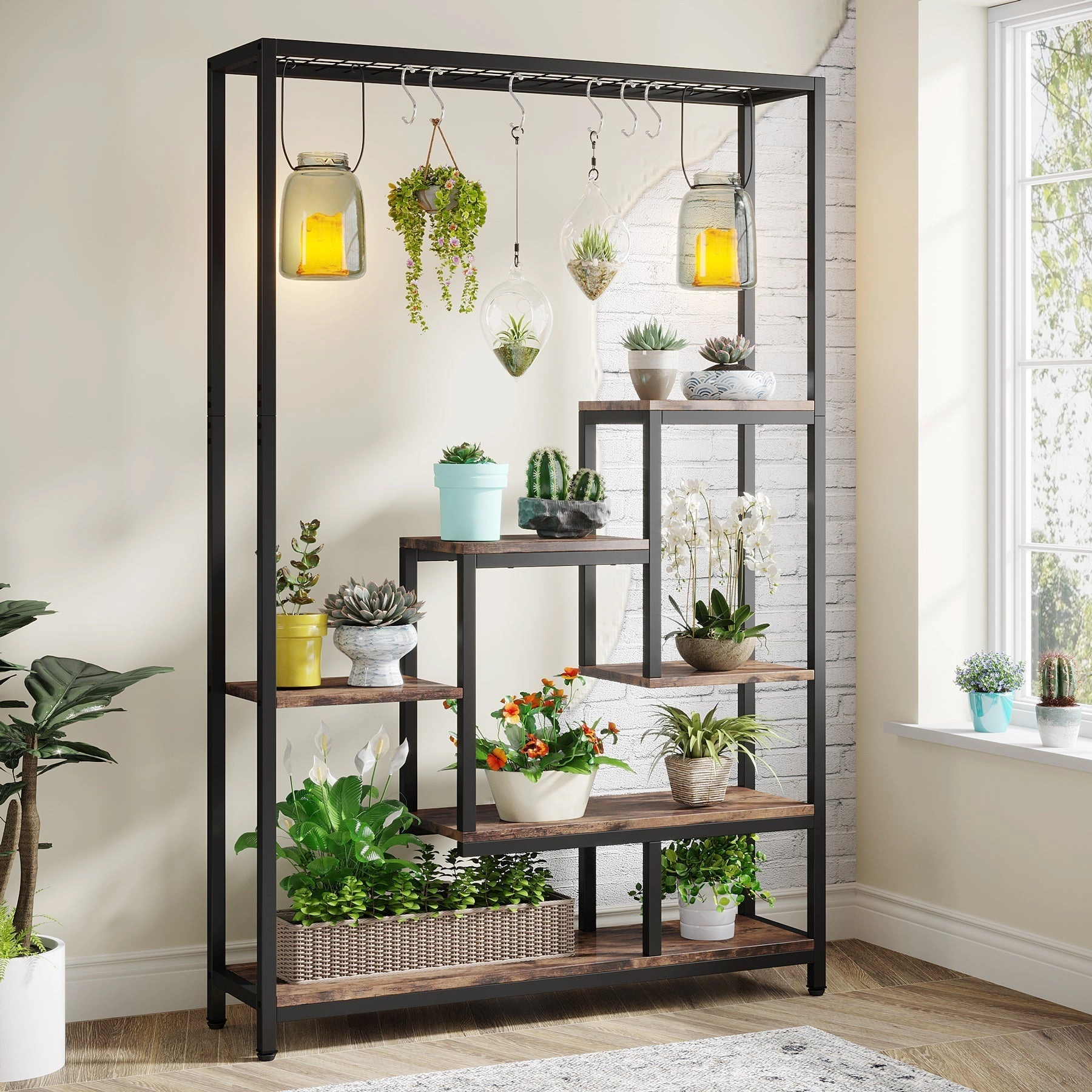 Tribesigns 70.9" Plant Stand, Large Flower Bonsai Shelf with 6 S Hanging Hooks