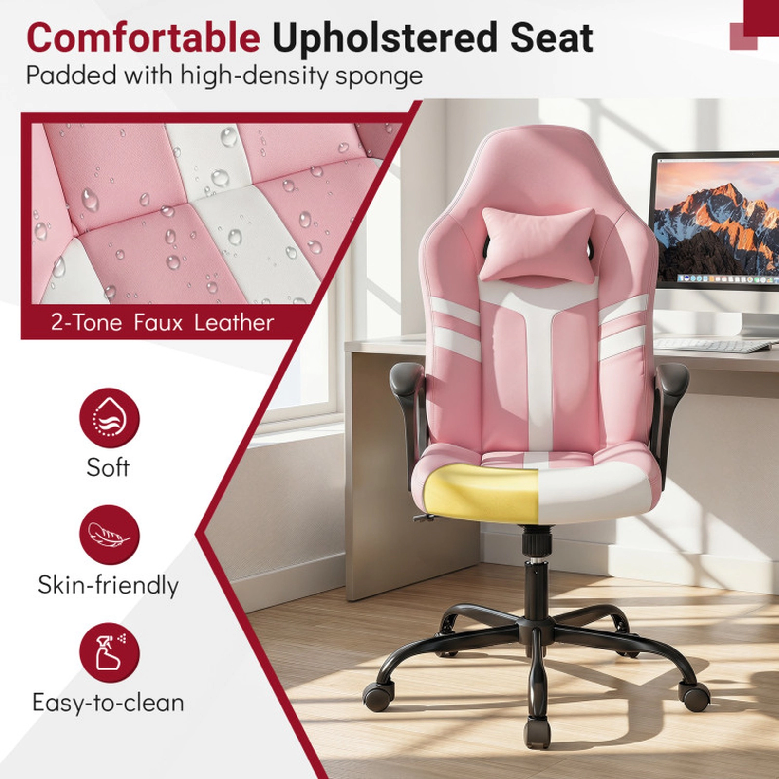 SUGIFT Faux Leather Upholstered Gaming Office Chair 275-lb Capacity with Removable Head Pillow and Rocking Function Pink